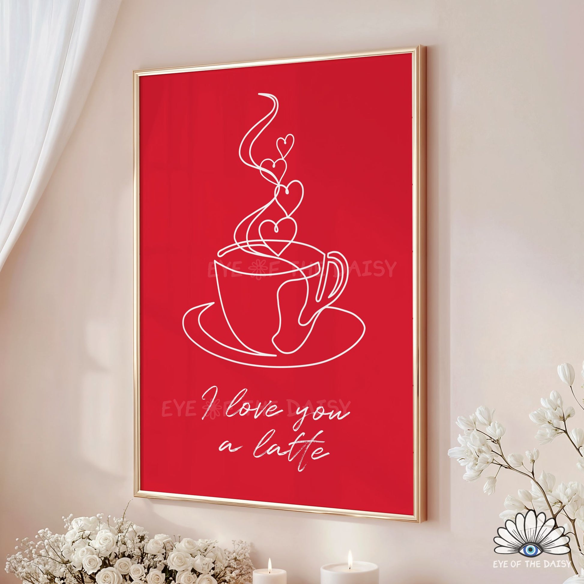Cute typography coffee printable wall art, one line coffee cup drawing with hearts for Valentine’s Day or anniversary