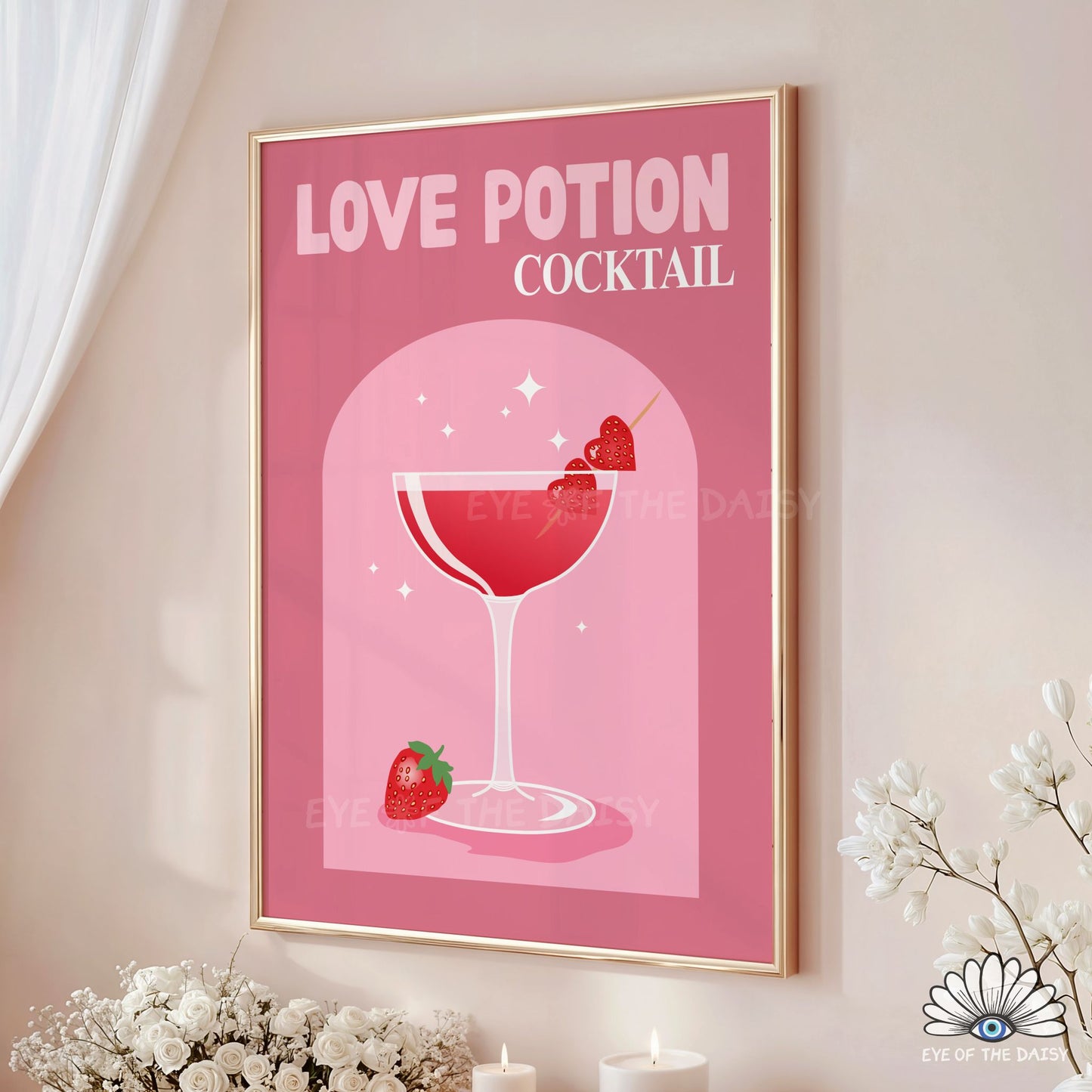 Love Potion drink printable wall art, romantic and preppy cocktail poster for home bar or kitchen