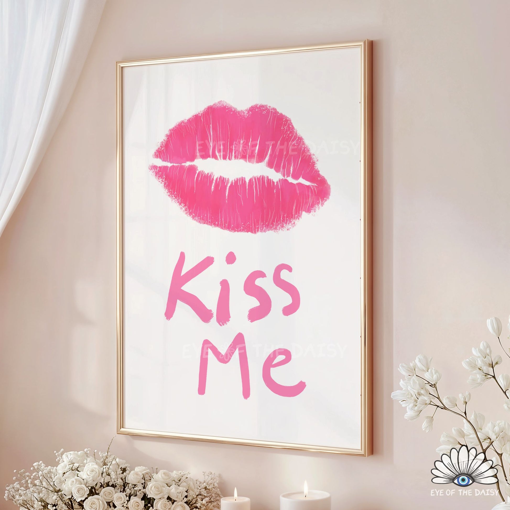 Funky pink lips printable wall art hand drawn, girly and pretty Valentine’s Day poster for contemporary or preppy spaces