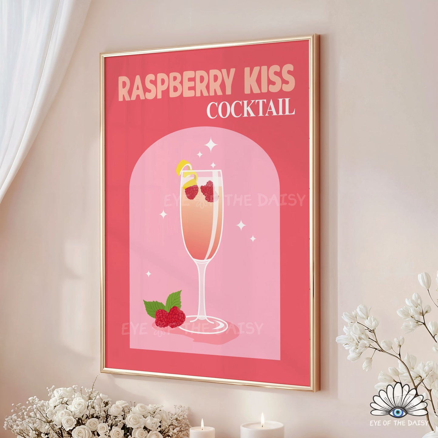 Hand drawn pink cocktail printable wall art, trendy and retro drink poster for home bar or kitchen decor