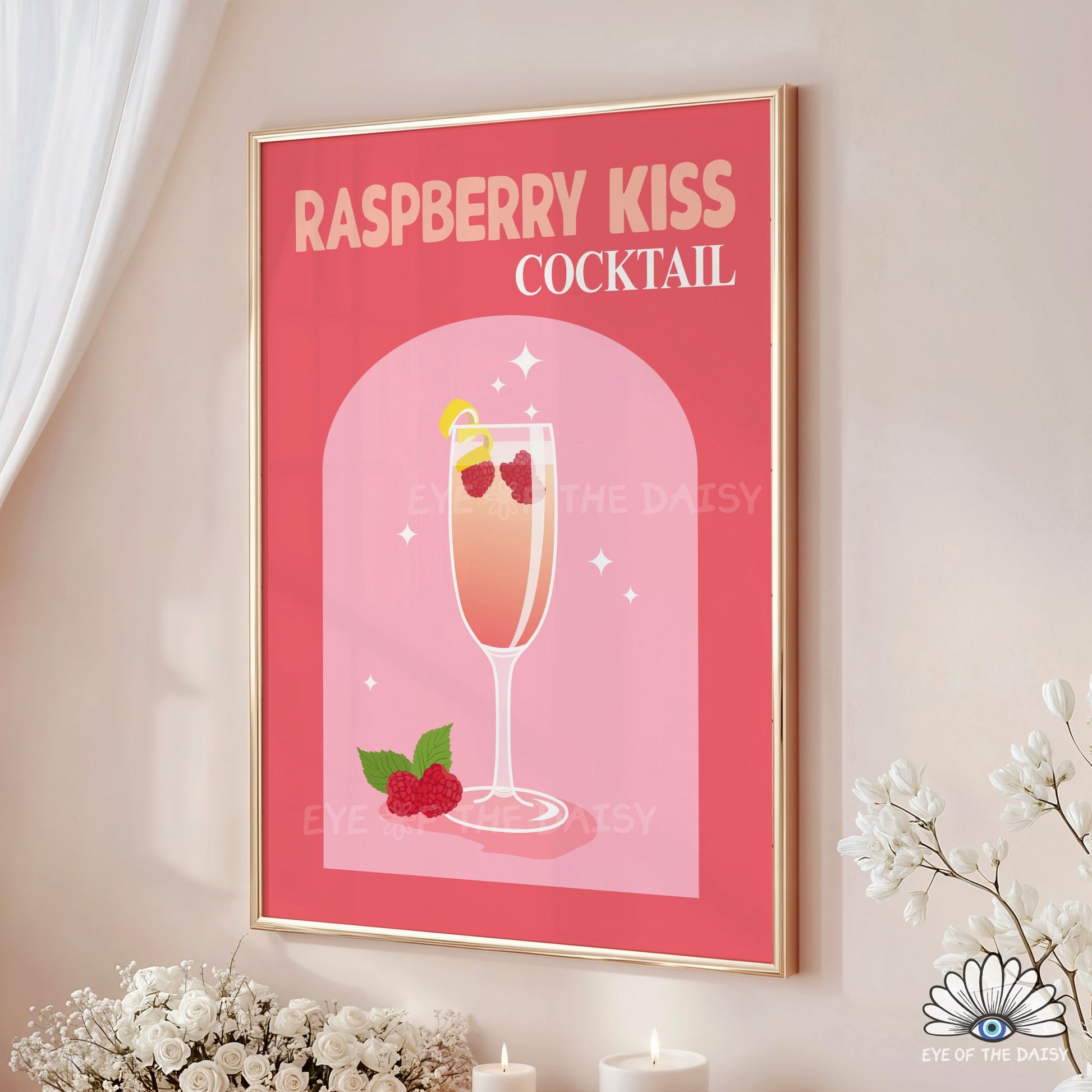 Hand drawn pink cocktail printable wall art, trendy and retro drink poster for home bar or kitchen decor