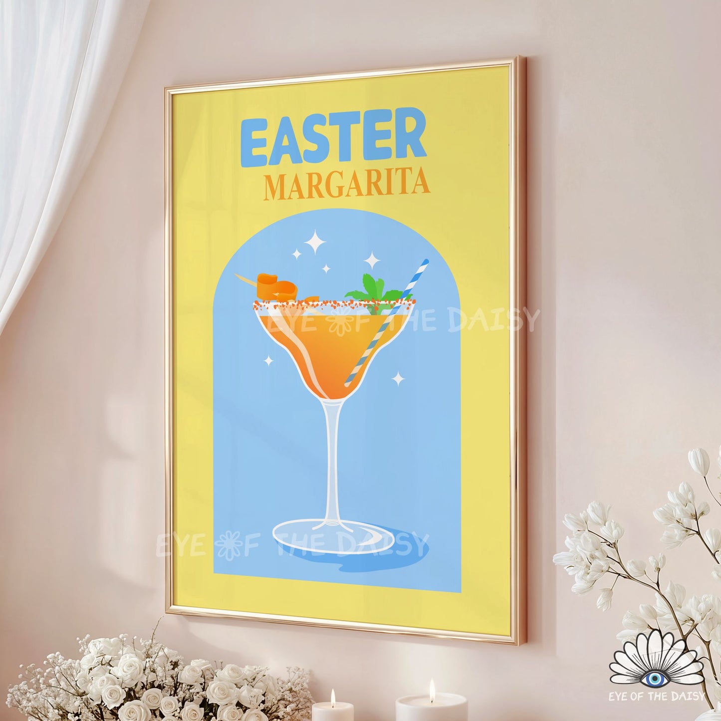 Easter cocktail printable wall art set of 3, Bunny Cocktail, Hoppy Hour Shots, Margarita