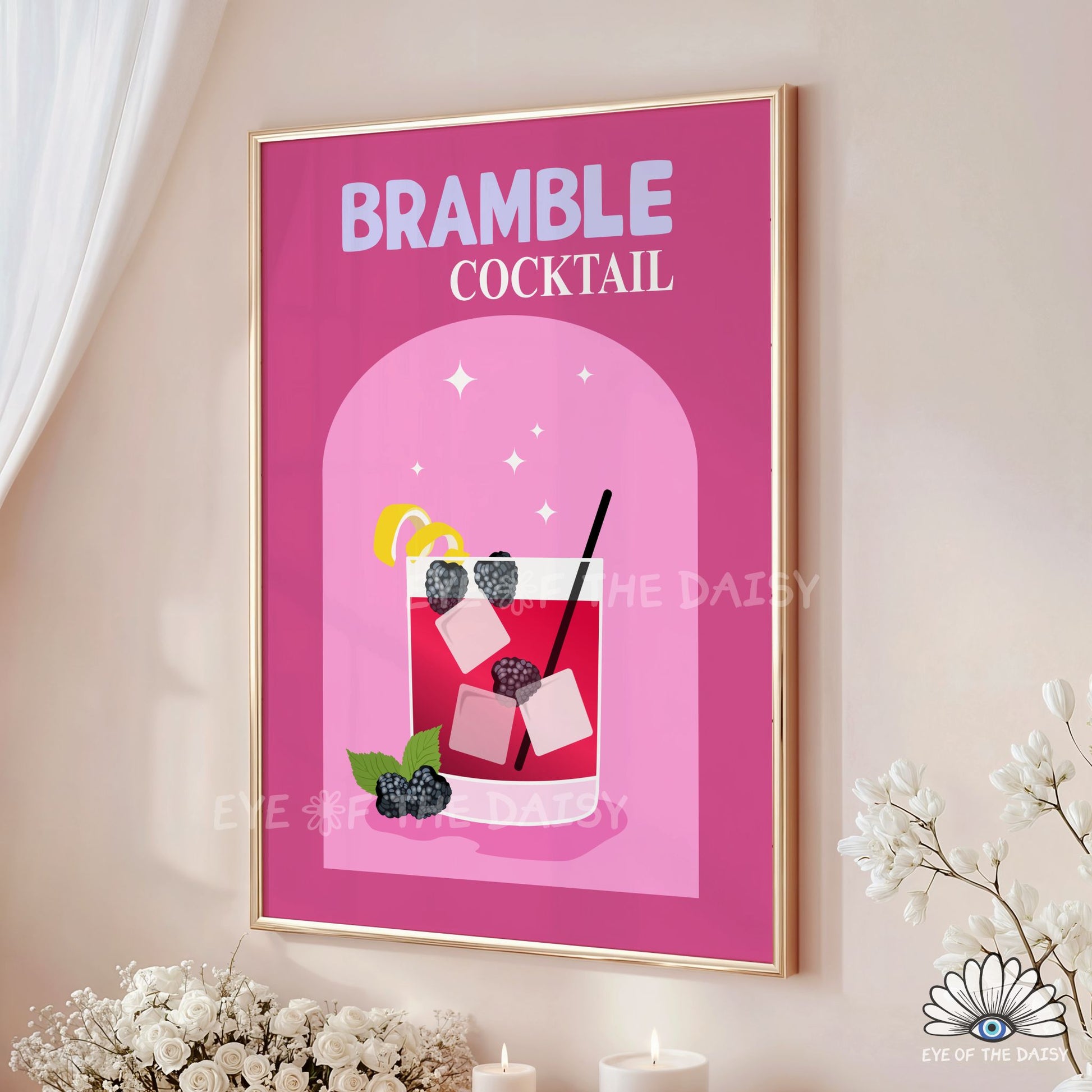 pink and purple Bramble gin cocktail illustration printable cute drink art for dorm room or apartment decor