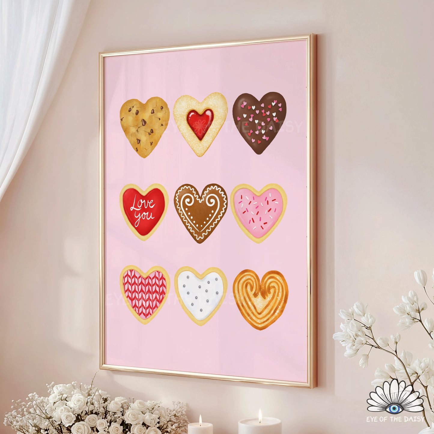 Whimsical foodie printable wall art, heart shaped cookie illustrations print for dinner parties or Galentine’s Day celebrations