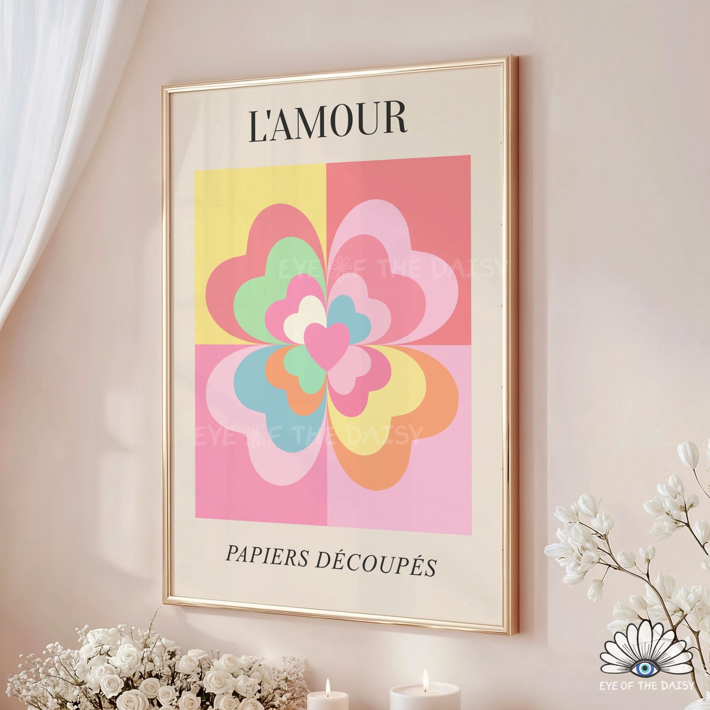 Pastel L’Amour printable poster, modern geometric flower digital download for dorm, bedroom, or Scandi-inspired spaces