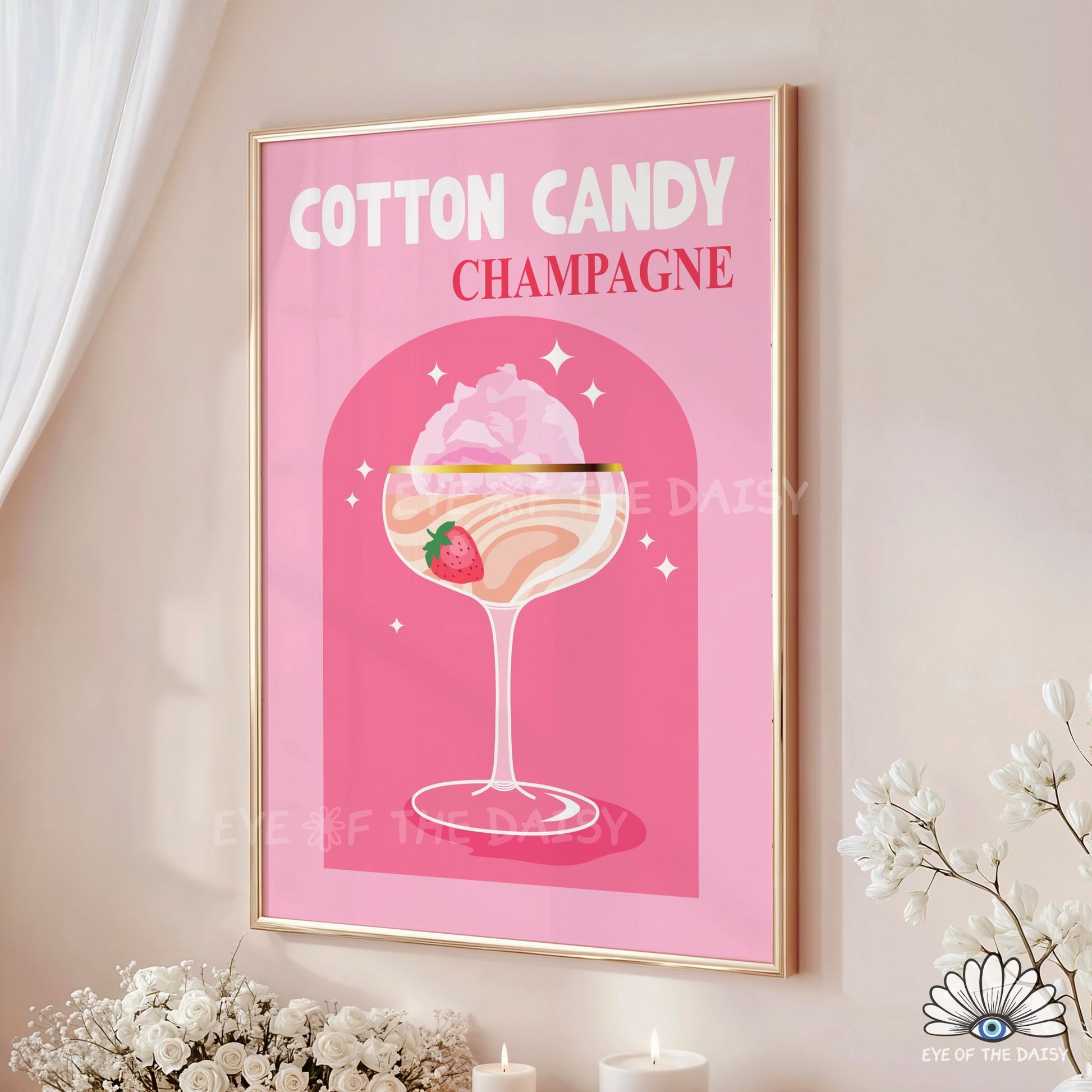pink retro cocktail wall art Cotton Candy Champagne digital print for home bar or kitchen gallery wall