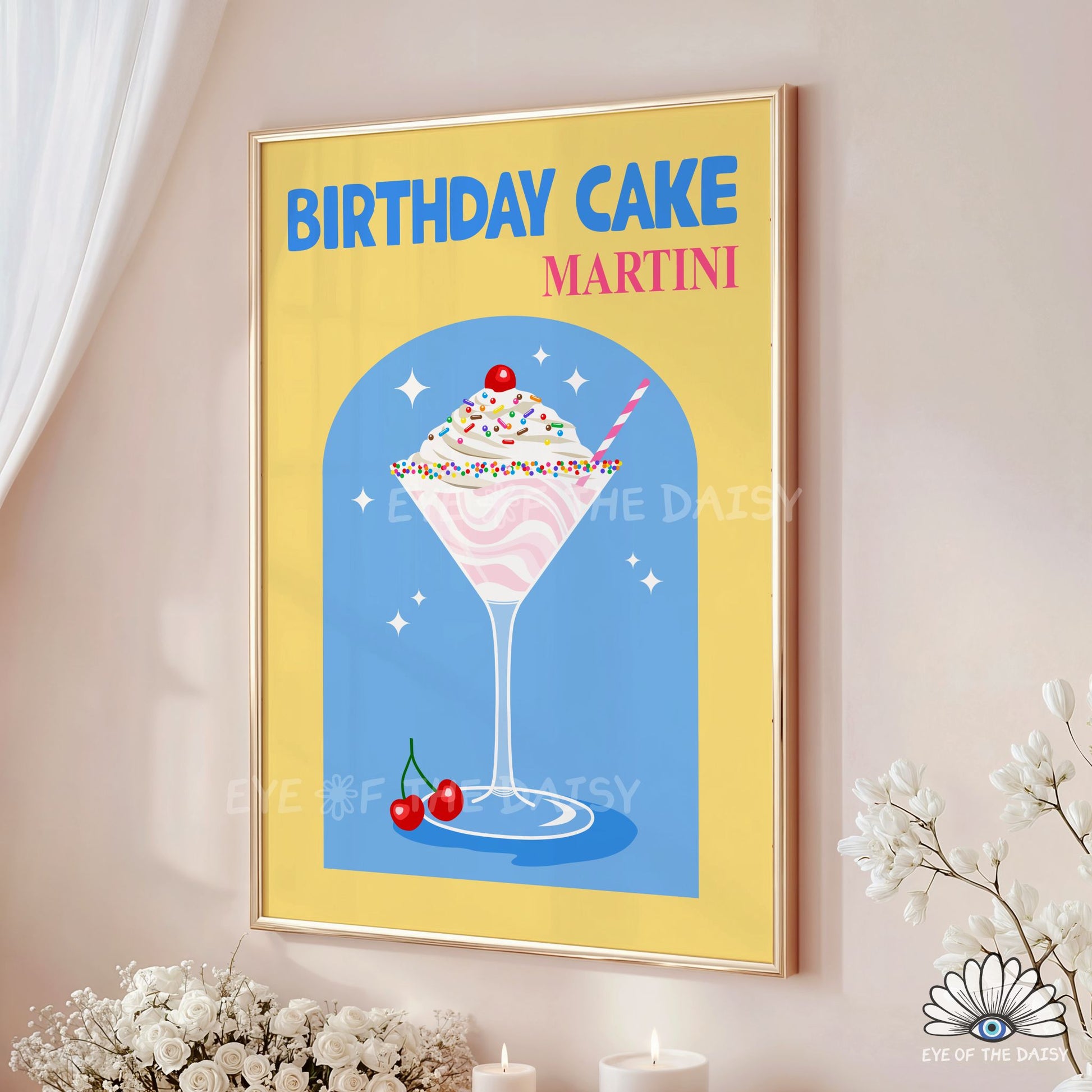 vibrant Birthday Cake Martini drink print yellow and blue retro cocktail poster for trendy bar cart decor