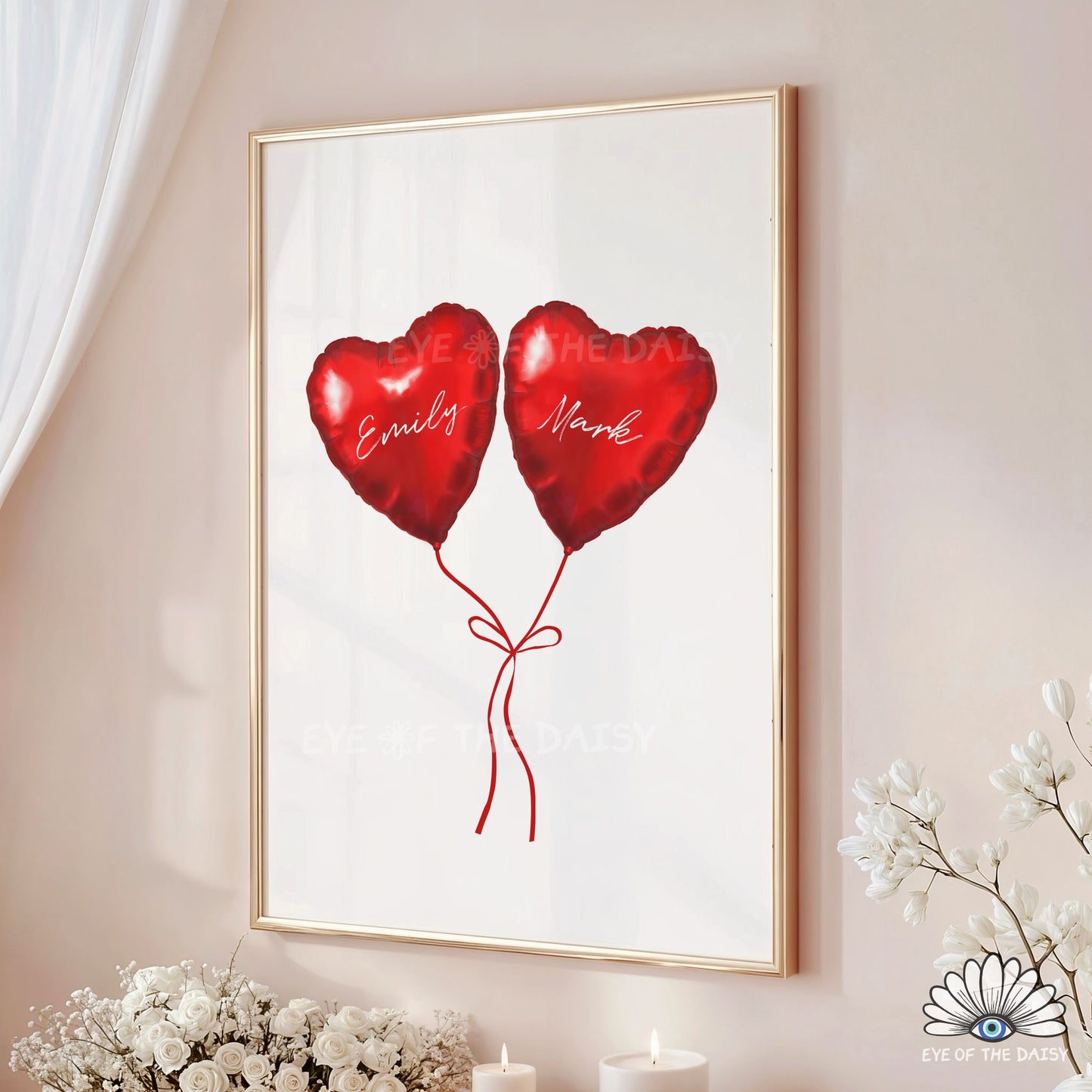 High resolution red heart balloons wall art, custom couples print, playful modern decor for living spaces