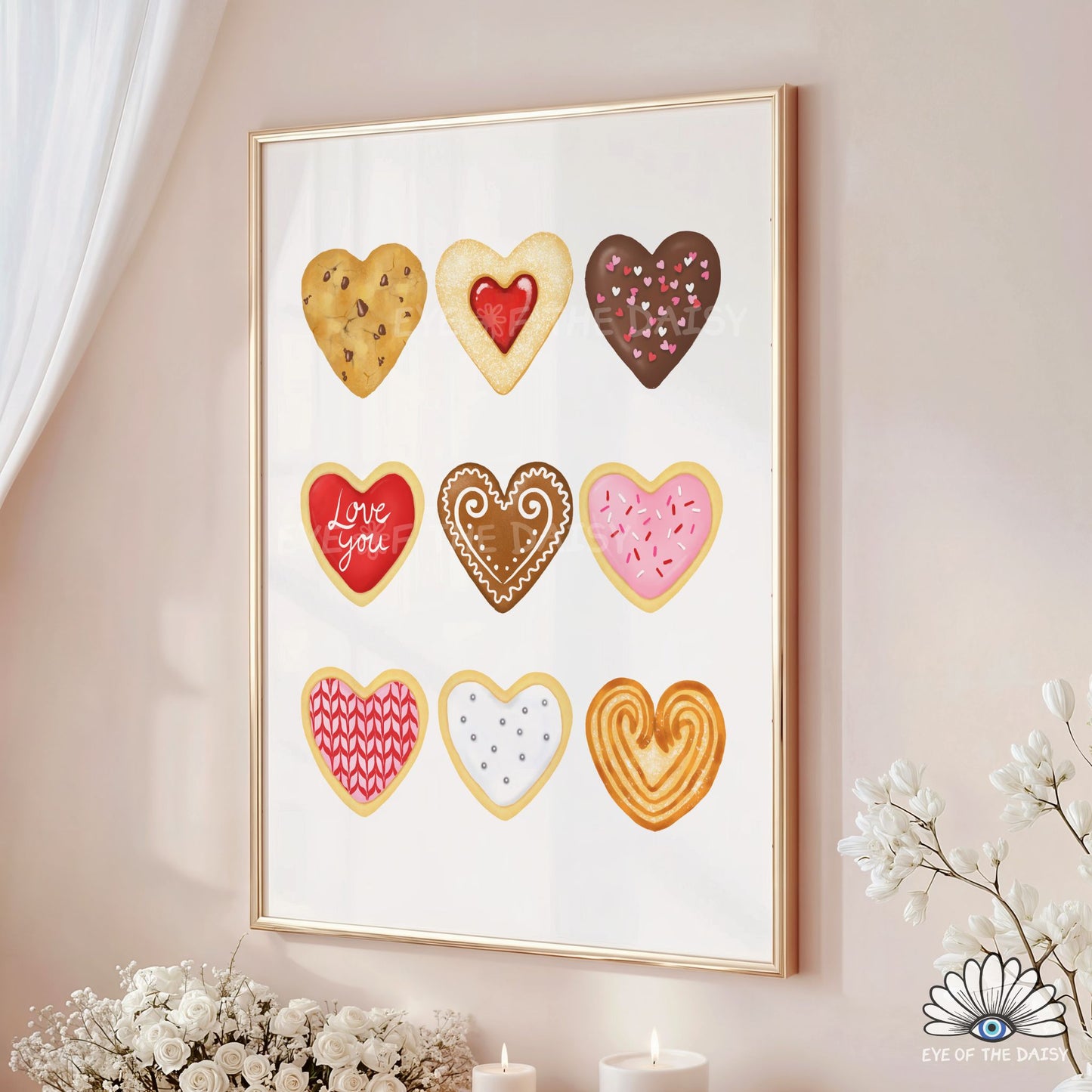 Whimsical foodie printable wall art, heart shaped cookie illustrations, digital download for Galentine’s Day celebrations