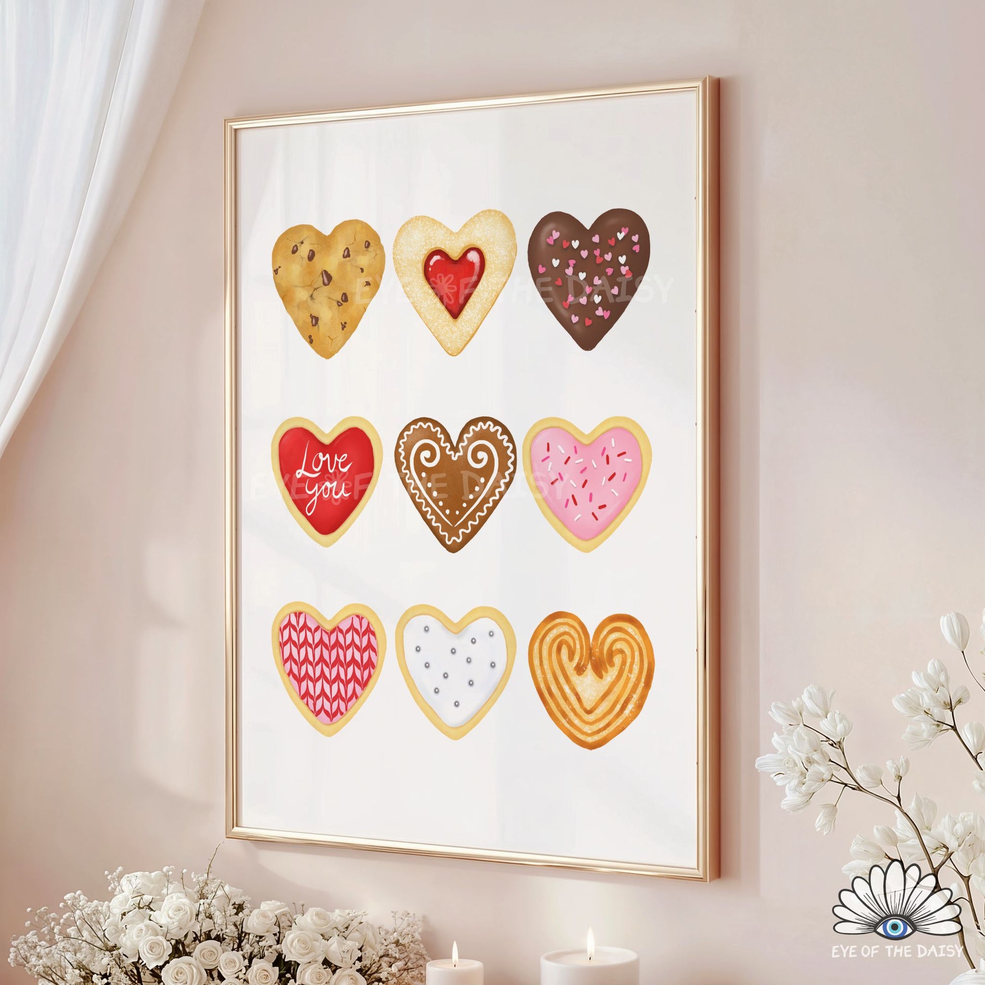 Whimsical foodie printable wall art, heart shaped cookie illustrations, digital download for Galentine’s Day celebrations