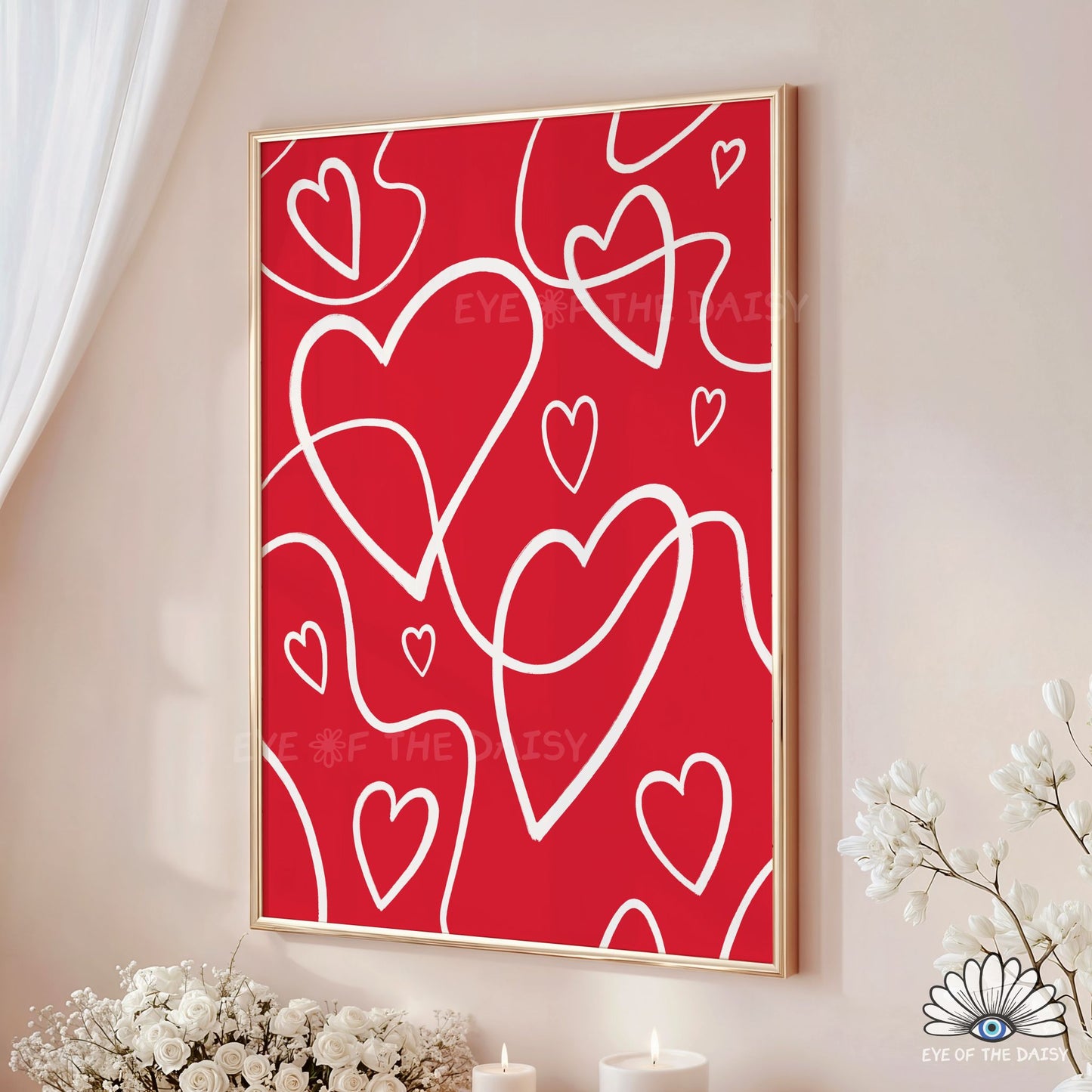 Bright red abstract hearts and wavy lines printable wall art, contemporary, eclectic and minimalist poster for dorms