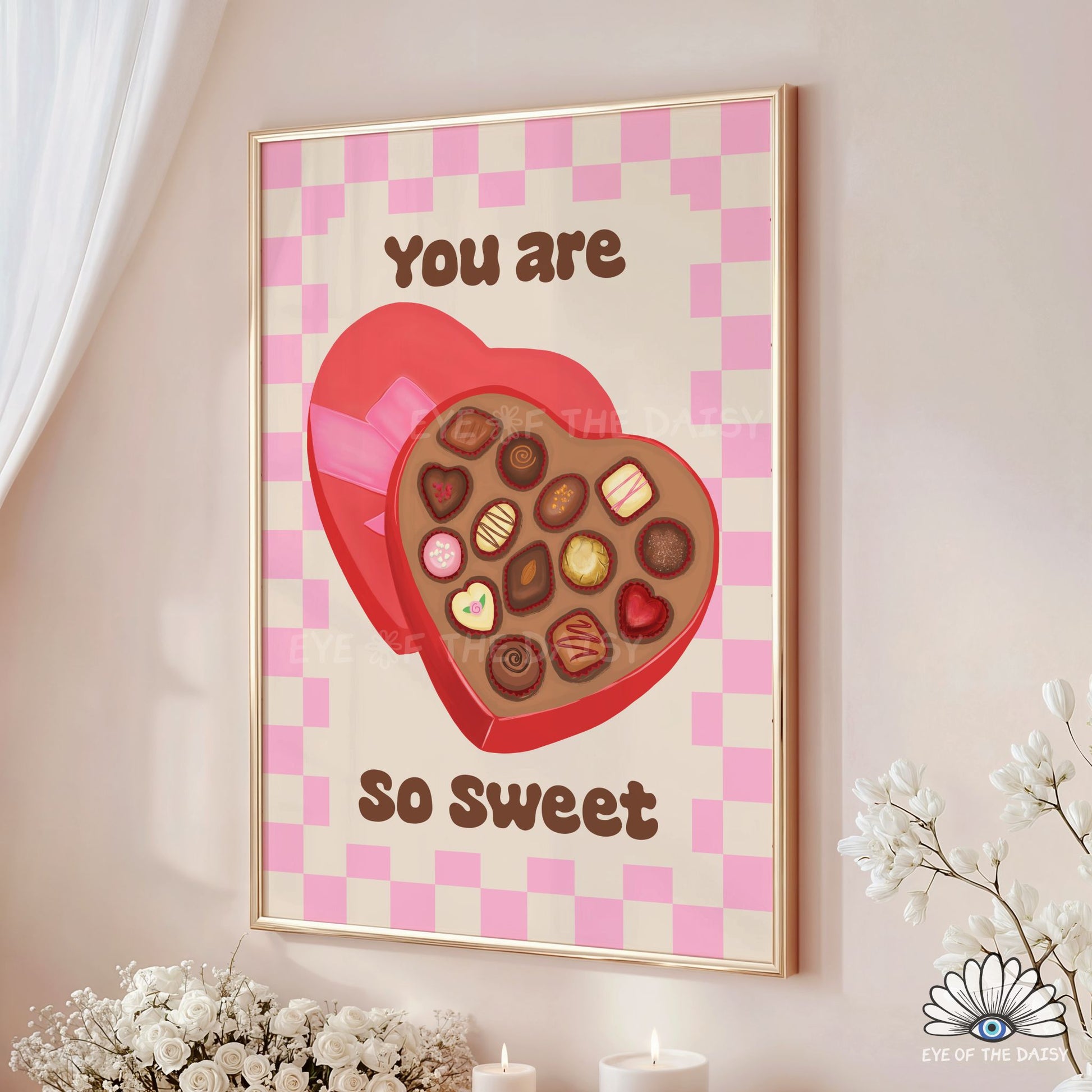 “You Are So Sweet” printable poster with heart box of chocolates illustration, whimsical romantic wall art for kitchens or dorm rooms