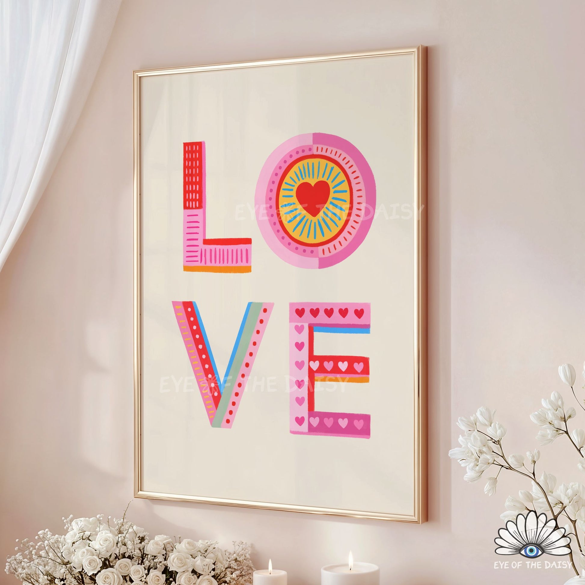 LOVE poster printable wall art, red and pink patterned typography for eclectic, dopamine friendly interiors