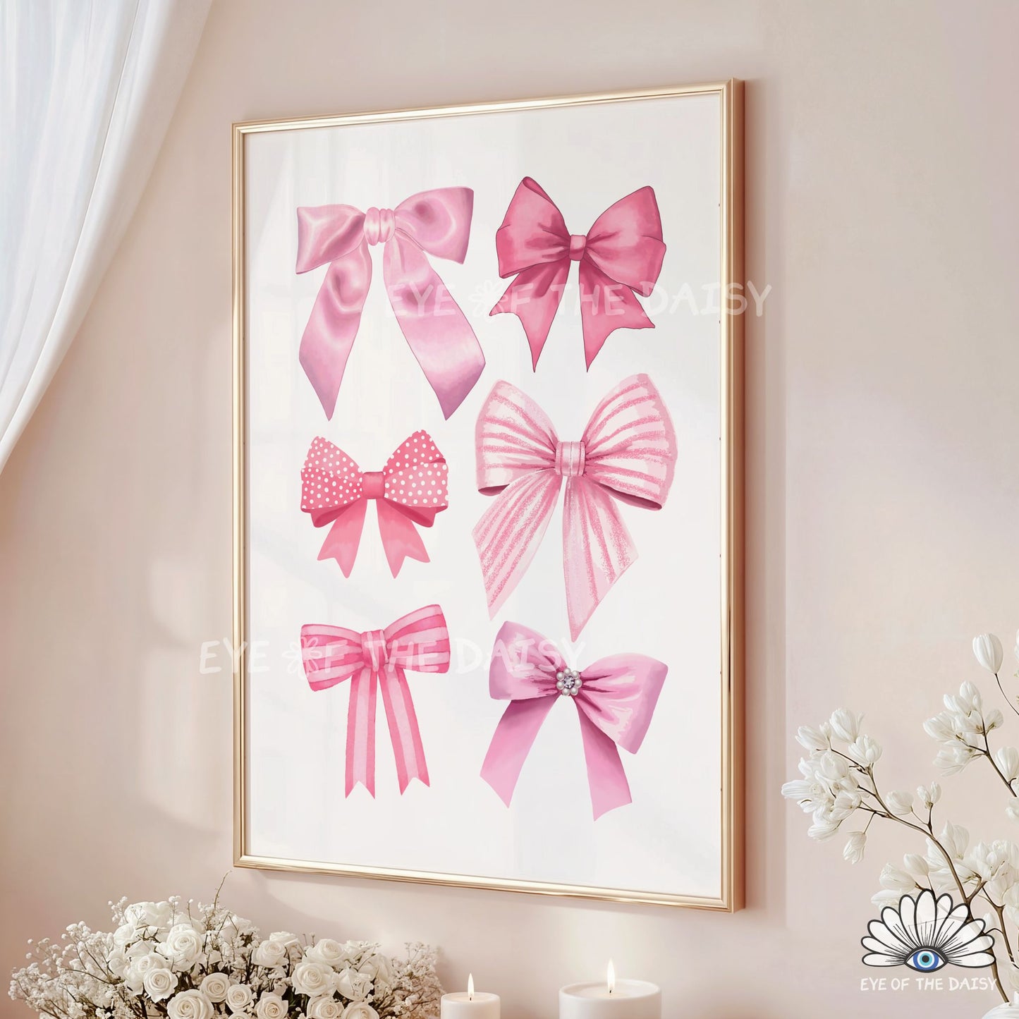 Pastel pink watercolour bows wall art print, preppy dorm room decor or toddler girls printable wall art