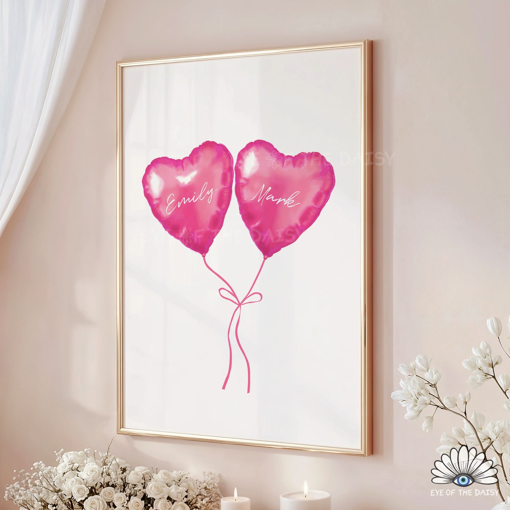 Pink heart balloons print digital download, fun, cute and custom couples printable wall art for Valentine’s or anniversary