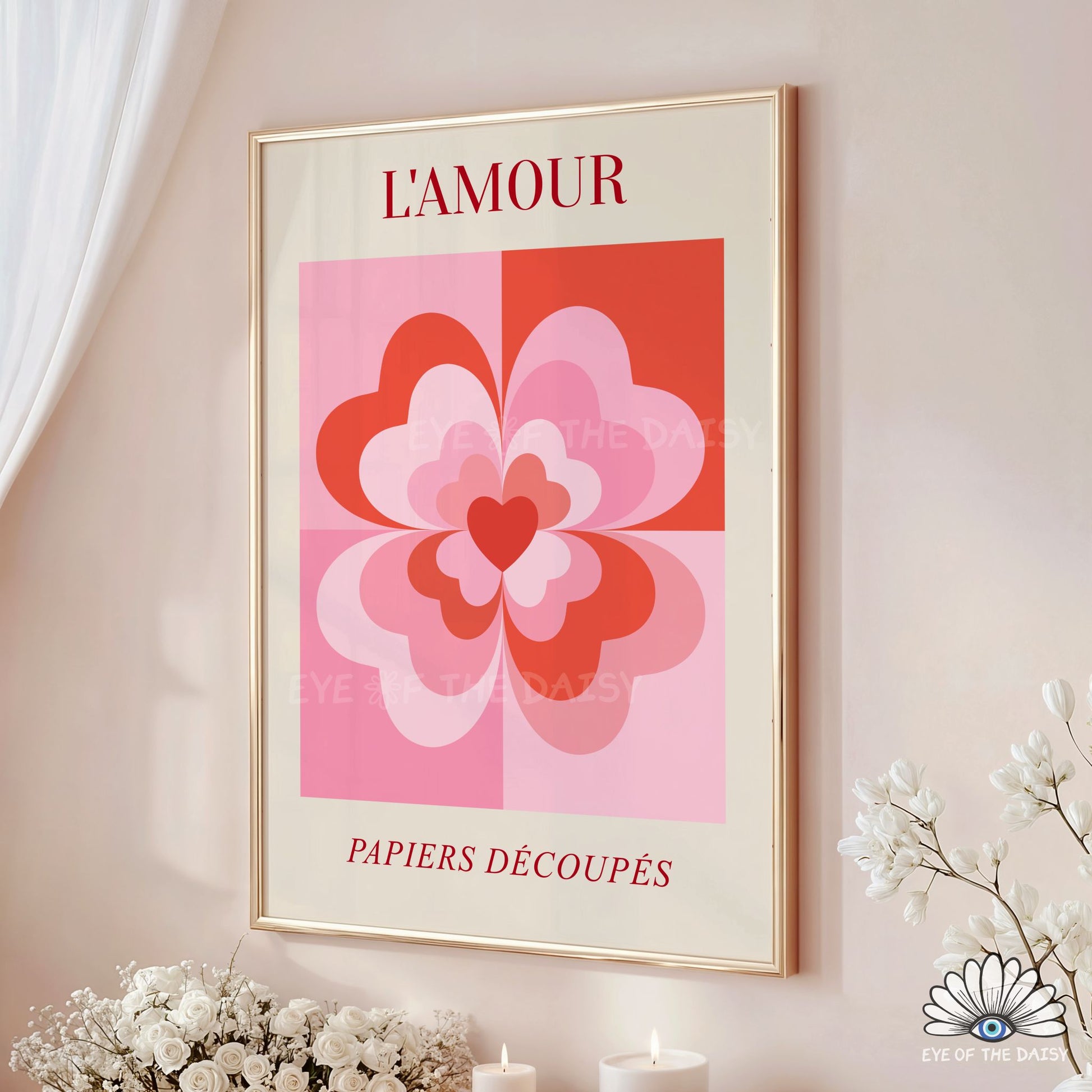 Romantic retro L’Amour high resolution print digital download with red and pink geometric hearts and flowers