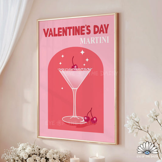 Pink and red Valentine’s cocktail print digital download, cute and trendy drink printable wall art for home bar or kitchen