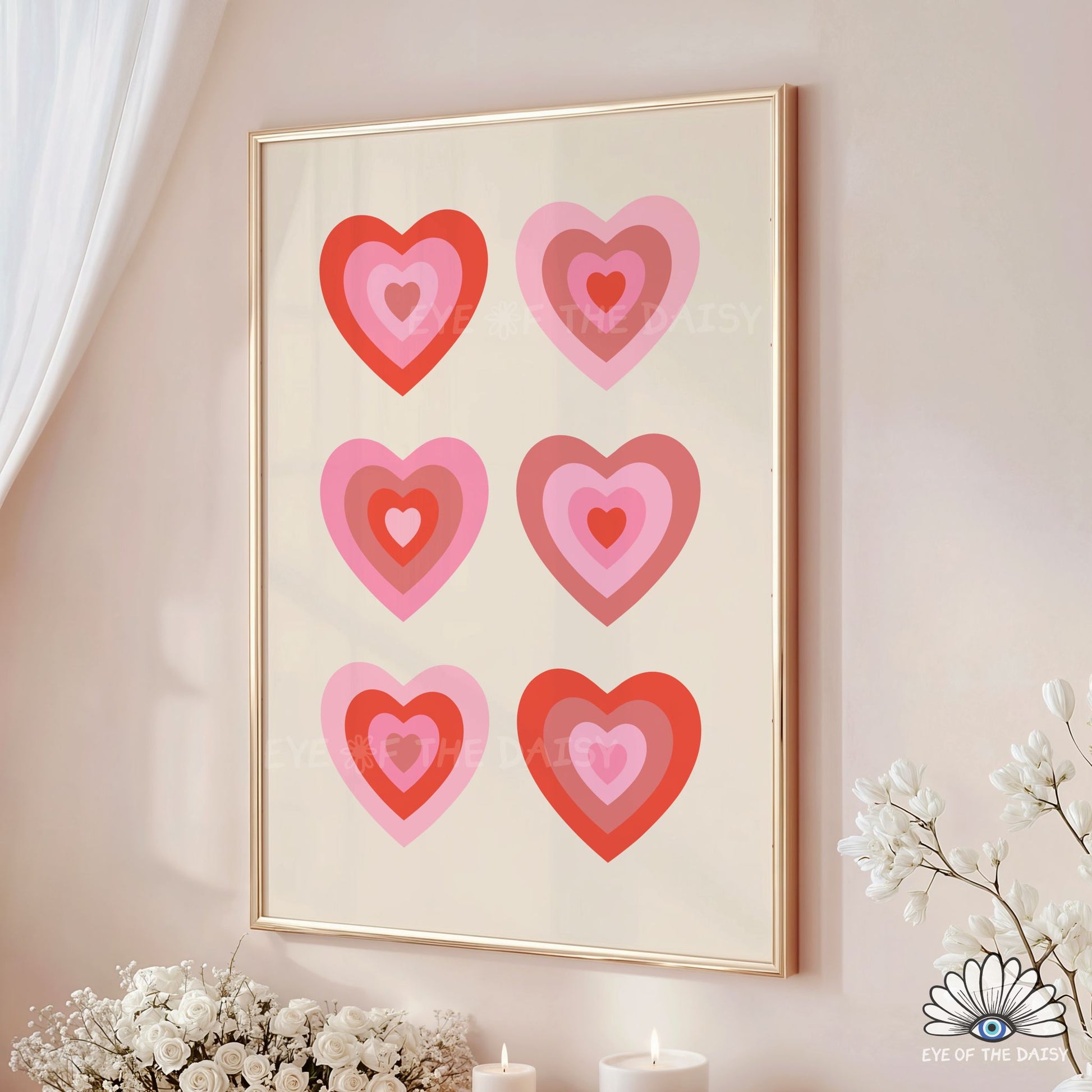 High resolution red and pink retro hearts printable wall art, trendy and preppy dopamine decor for college room 