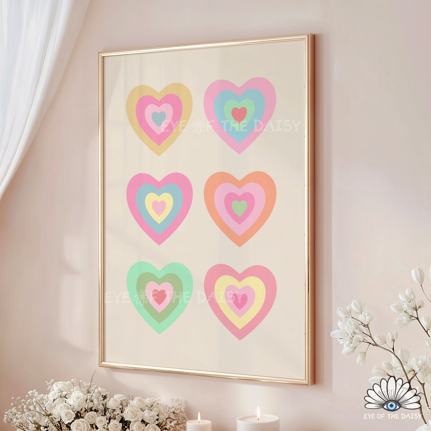 High resolution pastel retro hearts poster print instant download, playful and preppy dopamine decor for bedrooms
