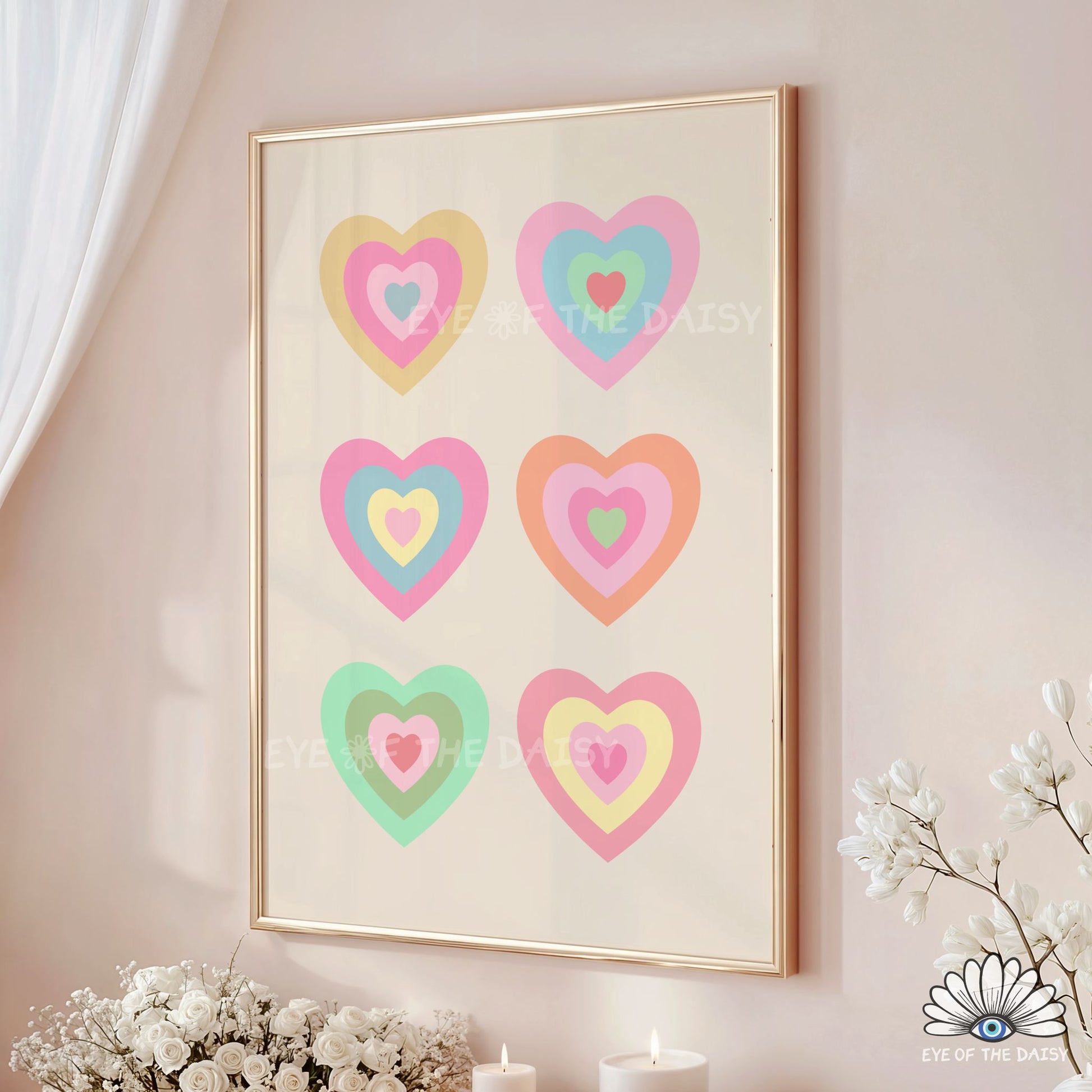 High resolution pastel retro hearts poster print instant download, playful and preppy dopamine decor for bedrooms