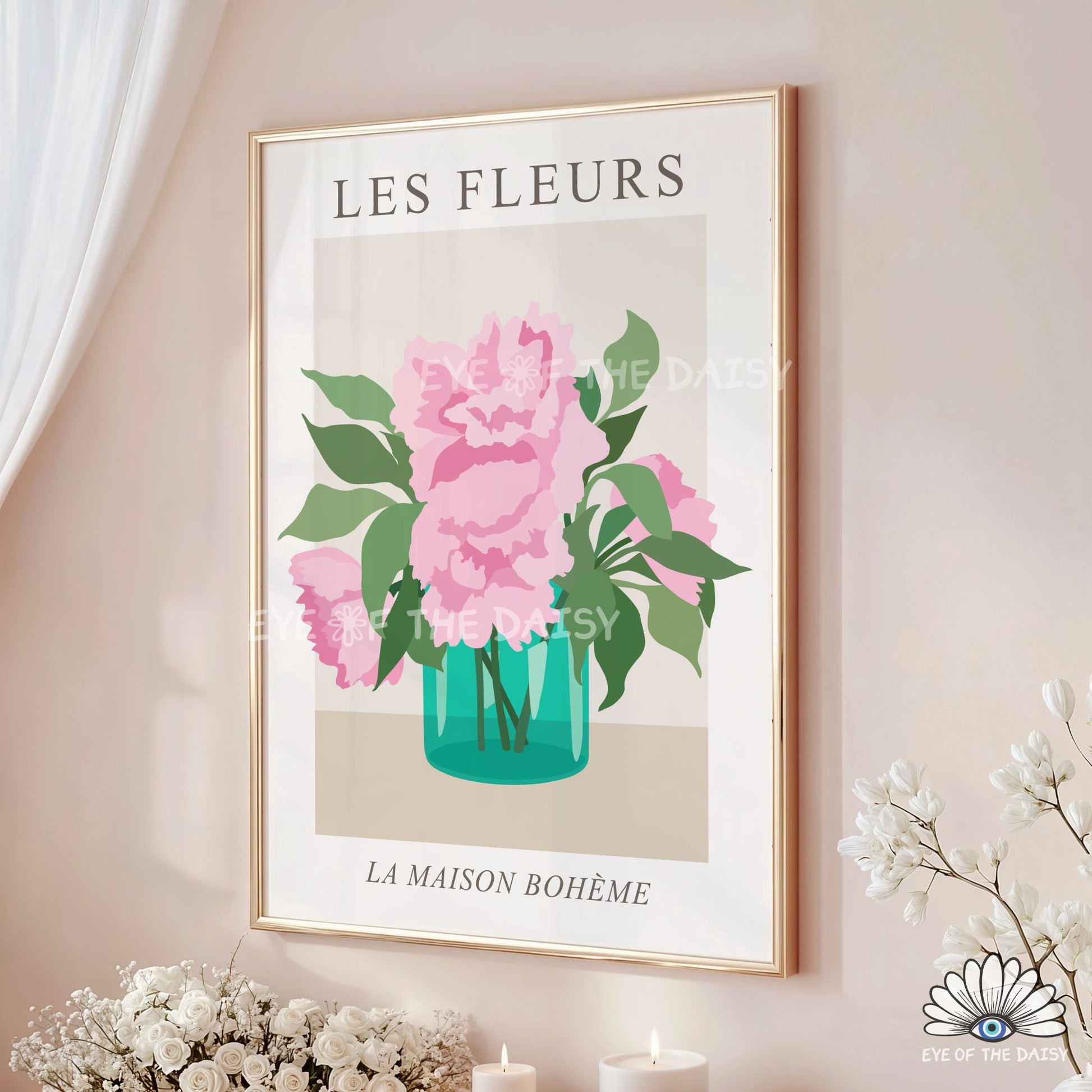 Les Fleurs pink peony vase print, modern floral bouquet printable wall art for contemporary living room