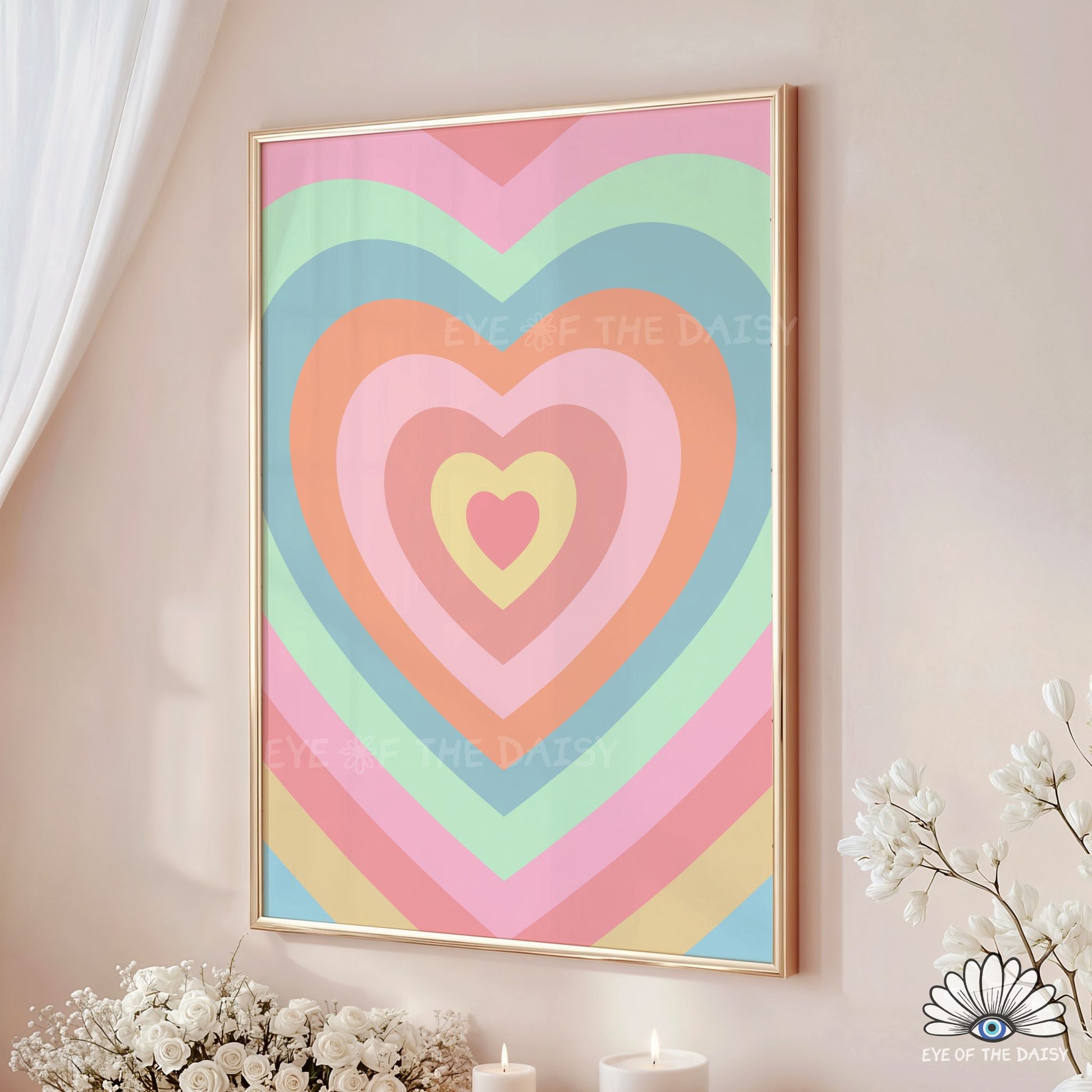 Pastel retro heart print digital download, modern and cute printable wall art for college room or toddler girl's room