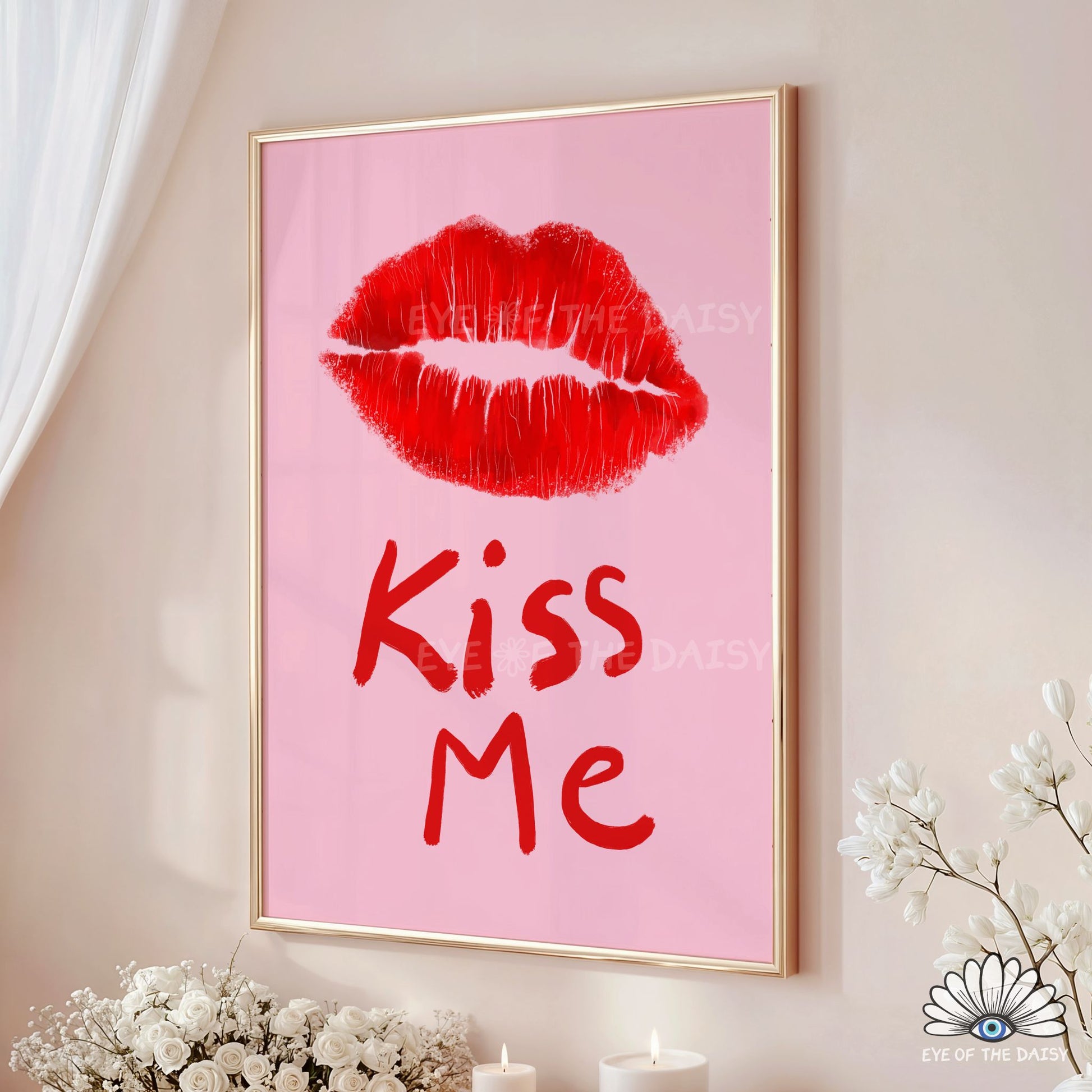 High resolution hand drawn red lips Kiss Me poster print instant download for modern and playful spaces