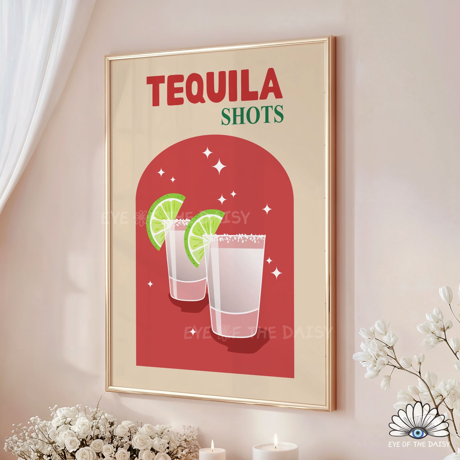 cute funky cocktail printable Tequila Shots art for dorm room or college room bar cart styling
