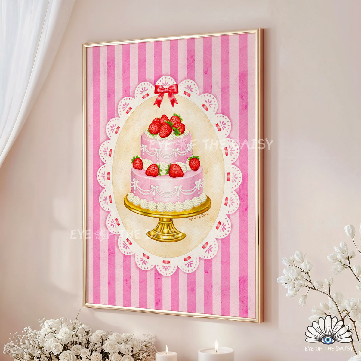Retro cake poster illustration in warm pastel tones, perfect for cottagecore wall decor