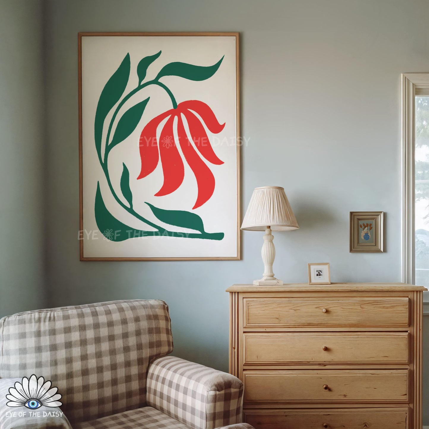 maximalist minimal flower print poster, funky red and green wall art for office or creative studio decor