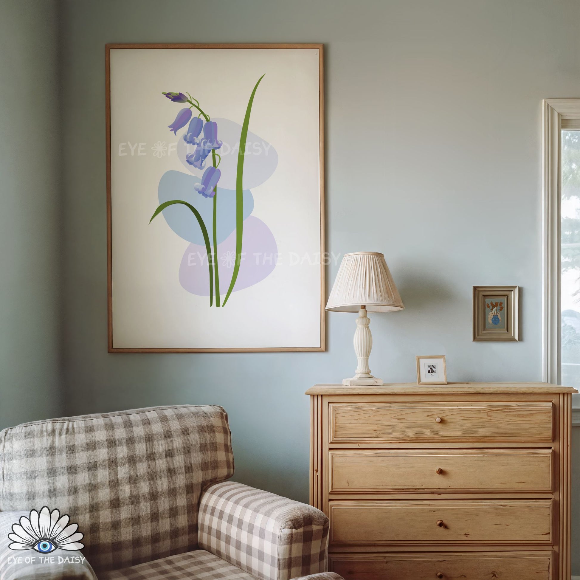light blue bluebell flower printable wall art, cottagecore botanical poster for vintage nursery or kids room