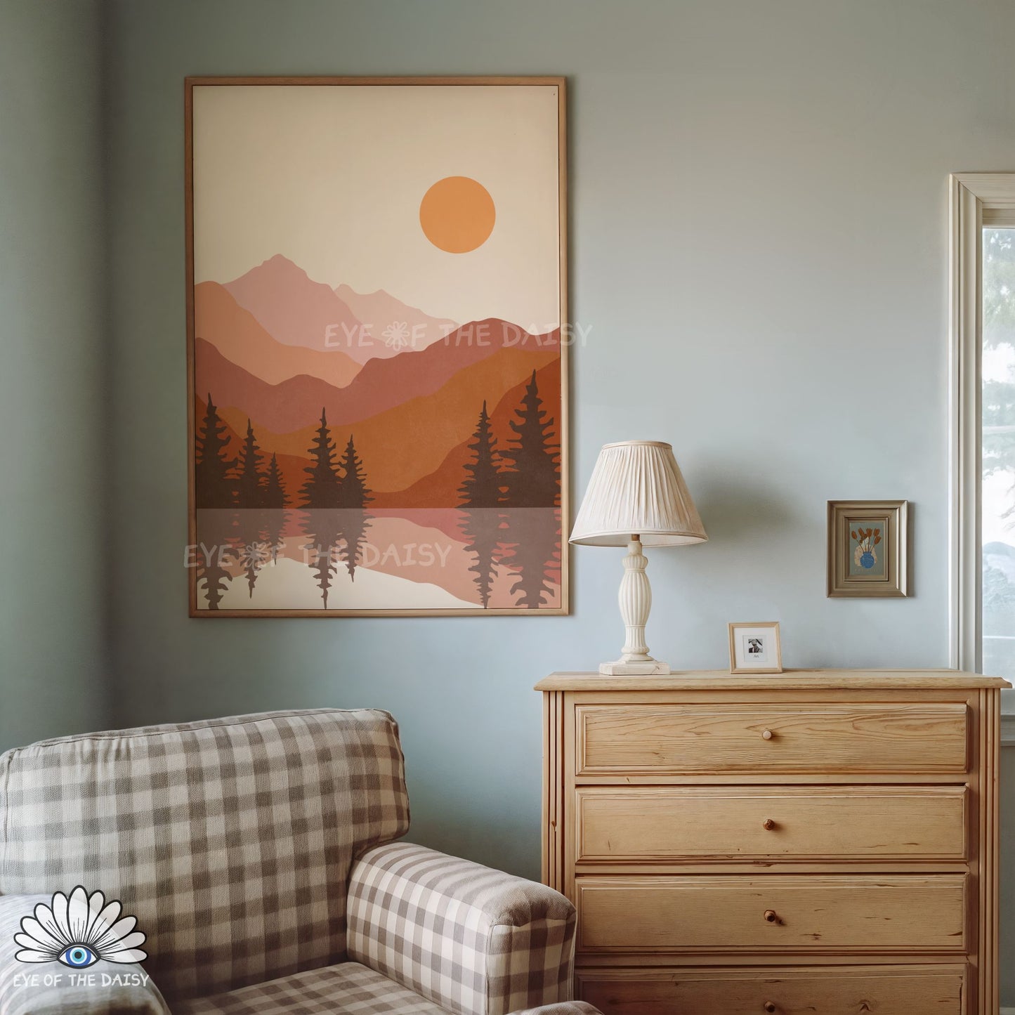 Colour block lake mountain trees art print, warm terracotta and earth tone printable wall art digital download
