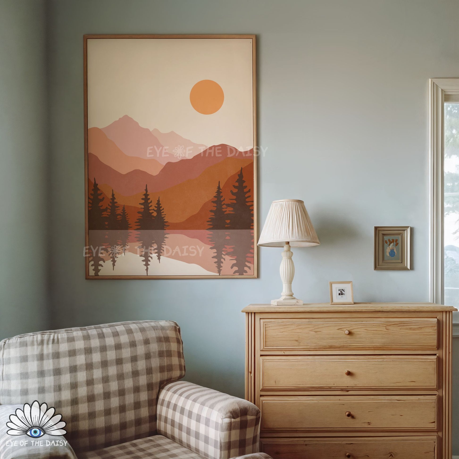 Colour block lake mountain trees art print, warm terracotta and earth tone printable wall art digital download