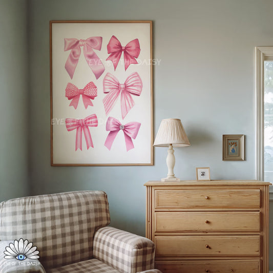 Trendy pink ribbons art print digital download, coquette bows printable wall art for girly bedroom decor