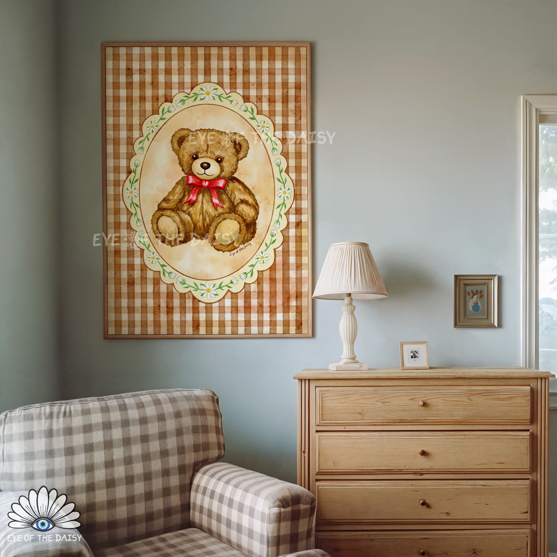 hand drawn watercolour teddy bear print with nostalgic vintage style for children’s bedroom decor
