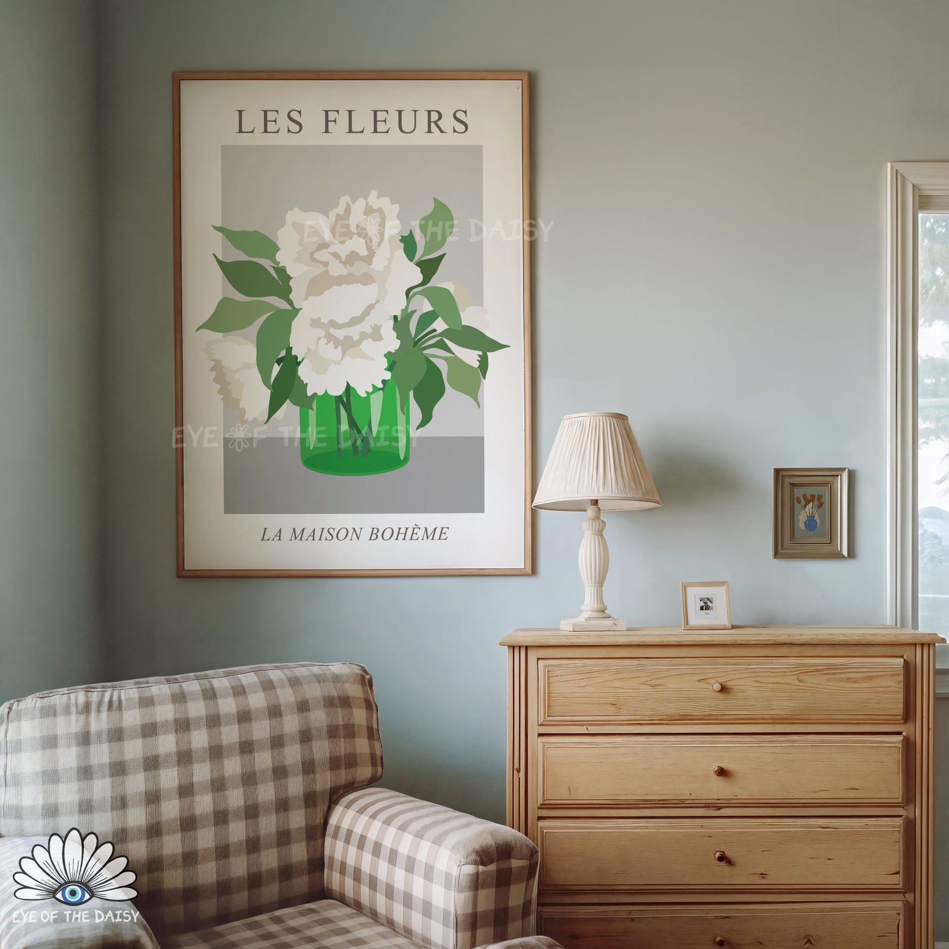 Grey and white floral print, minimalist botanical poster contemporary living rooms and bedrooms