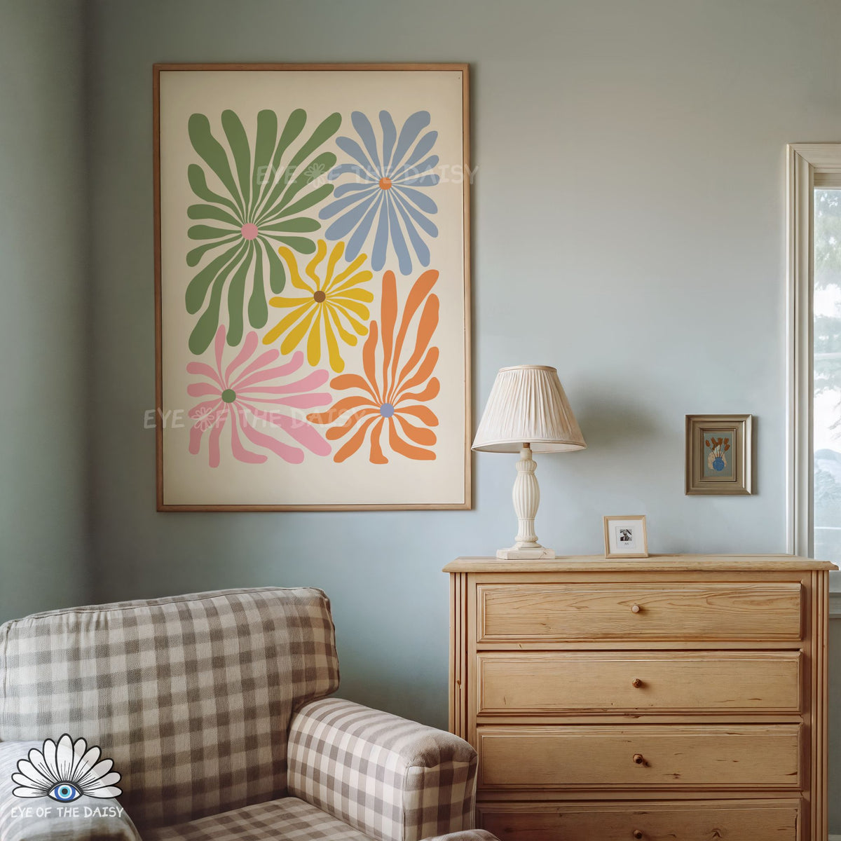 multi‑coloured botanical print digital download, retro Matisse style wall art for bedroom or toddler room