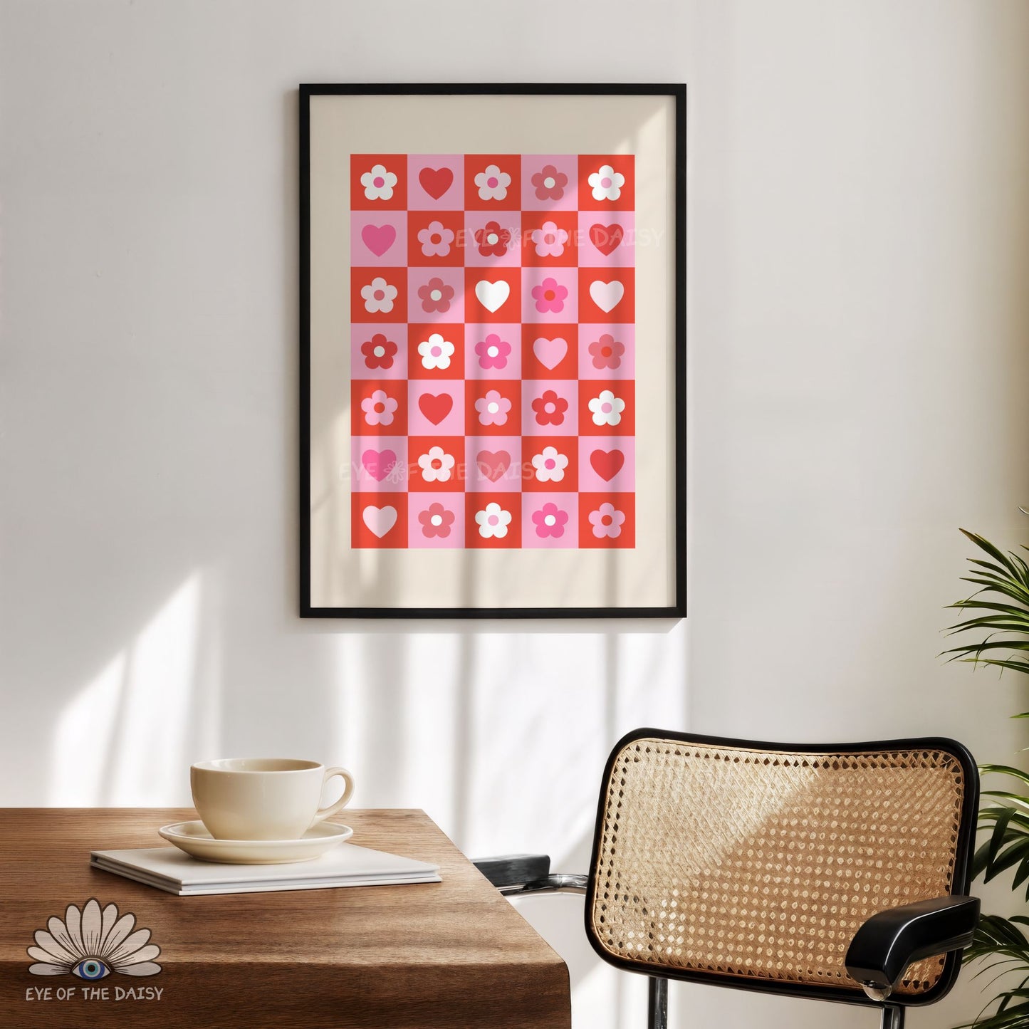 High-resolution checkerboard art print with hearts and flowers, instant download for Galentine’s Day or gift giving