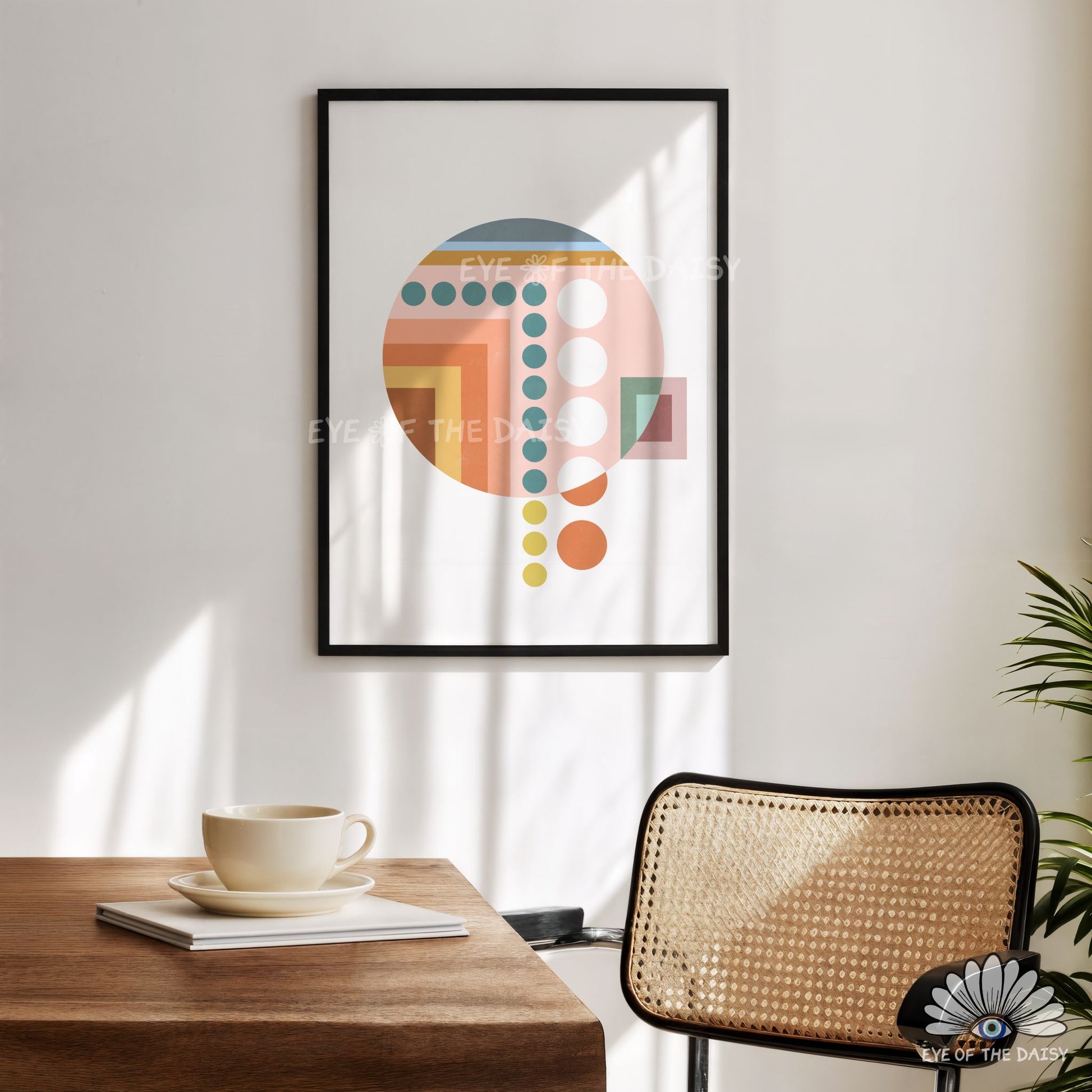 Modern geometric wall art printable, warm tone abstract Bauhaus design in salmon pink mustard yellow teal and terracotta