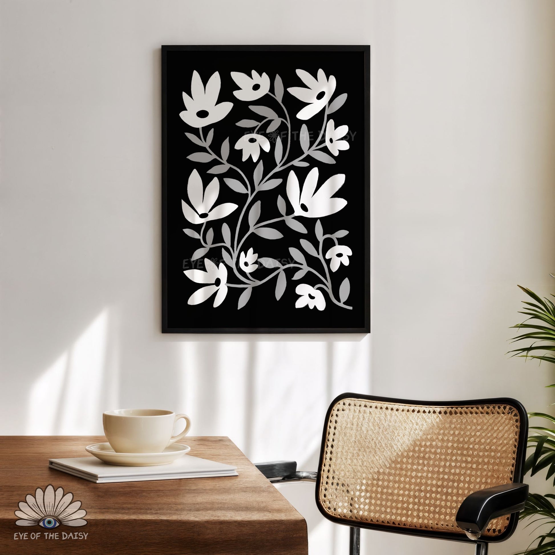 Grey abstract flower wall art printable, contemporary digital download for bedroom or home office print