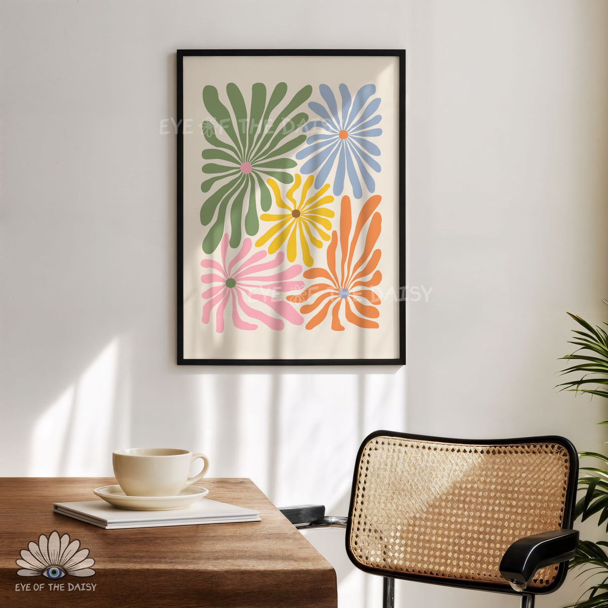 retro vibrant 70s floral print digital download, multi‑coloured abstract wall art for college room decor