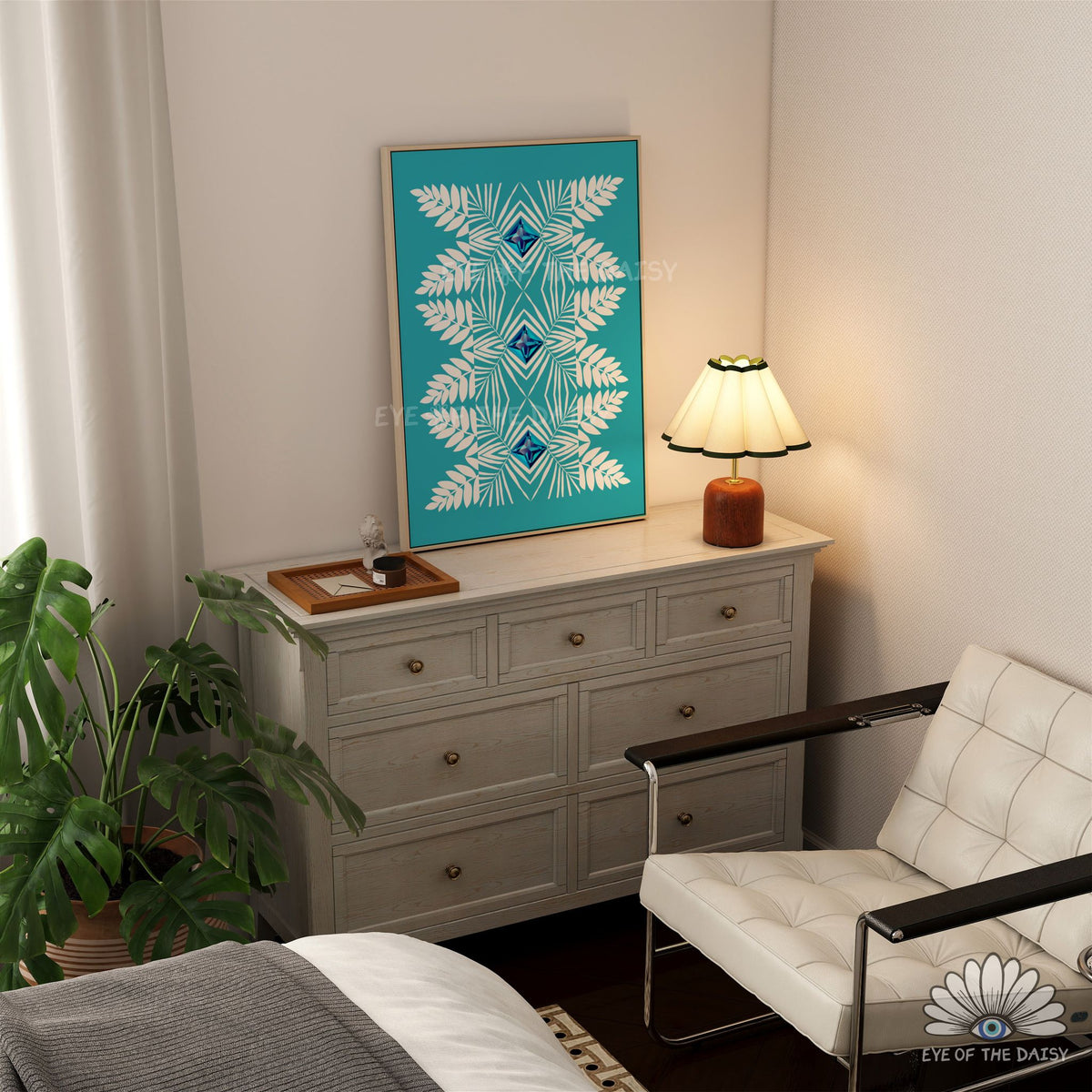 turquoise jewel art print, contemporary botanical tribal wall art for living room or office