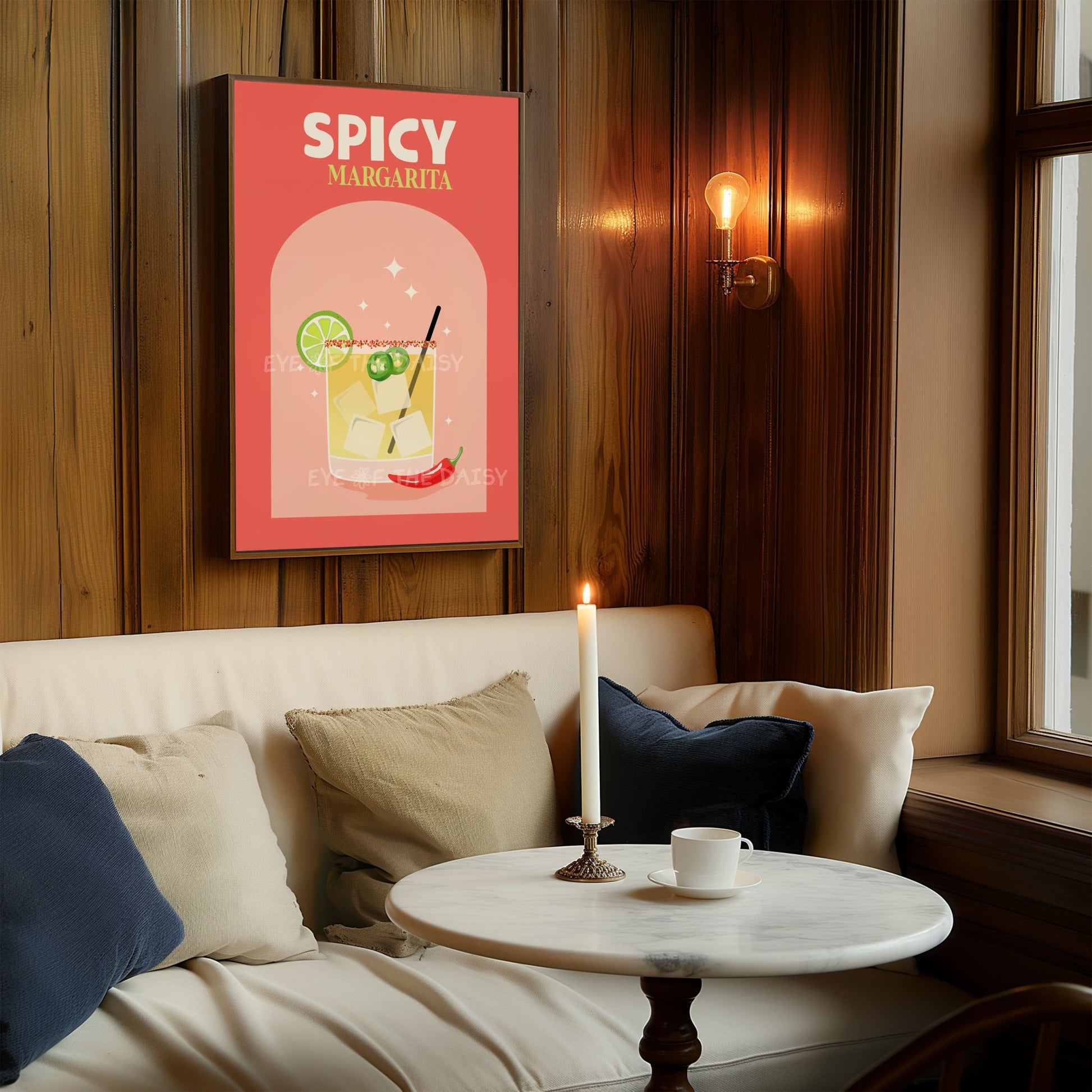Cool digital print of a colorful modern retro style spicy margarita cocktail, perfect as a gift for Spicy marg lovers