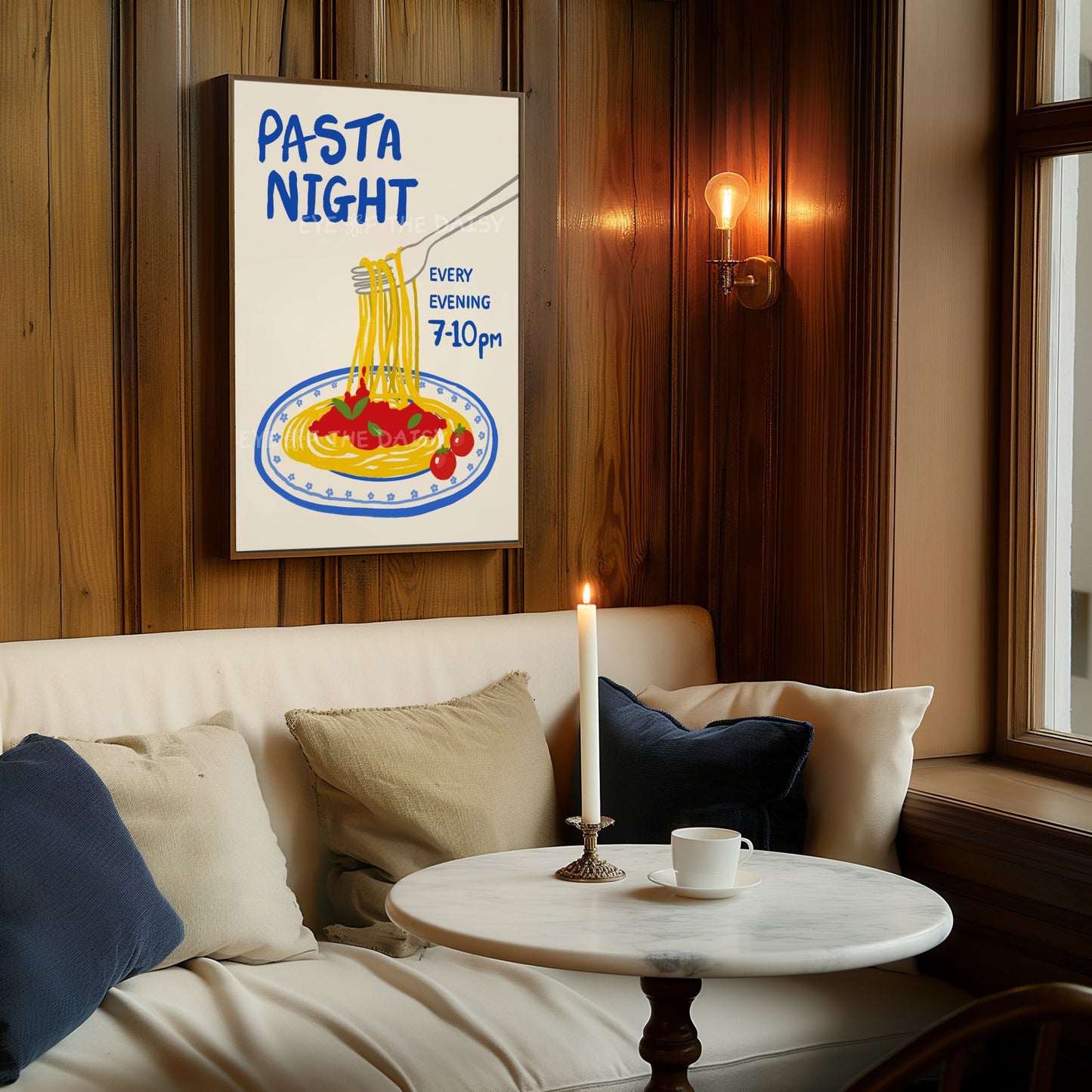 Pasta Night art print digital download with trendy hand drawn spaghetti on a plate illustration with the funny quote "Pasta Night"