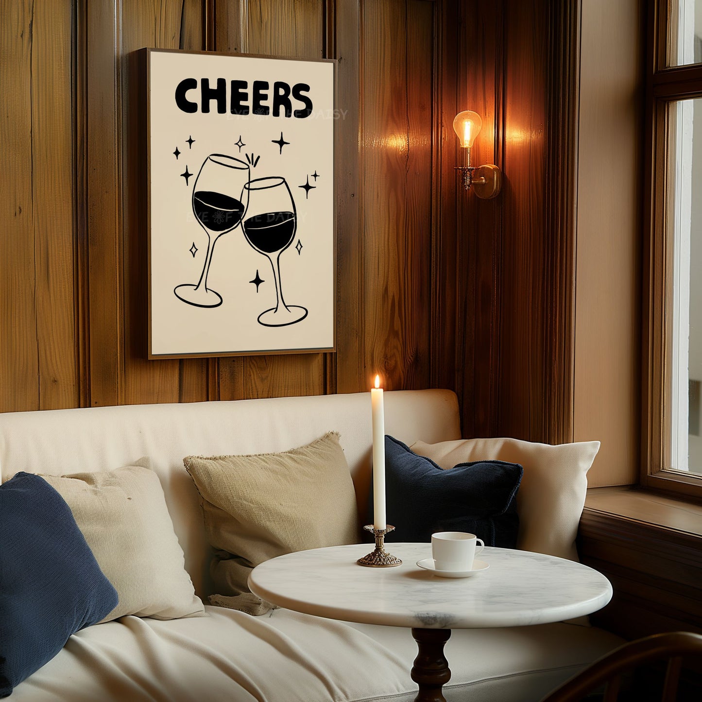 Contemporary Cheers wine glasses print, cute dorm room or rental wall decor in black beige, makes a great home bar cart poster
