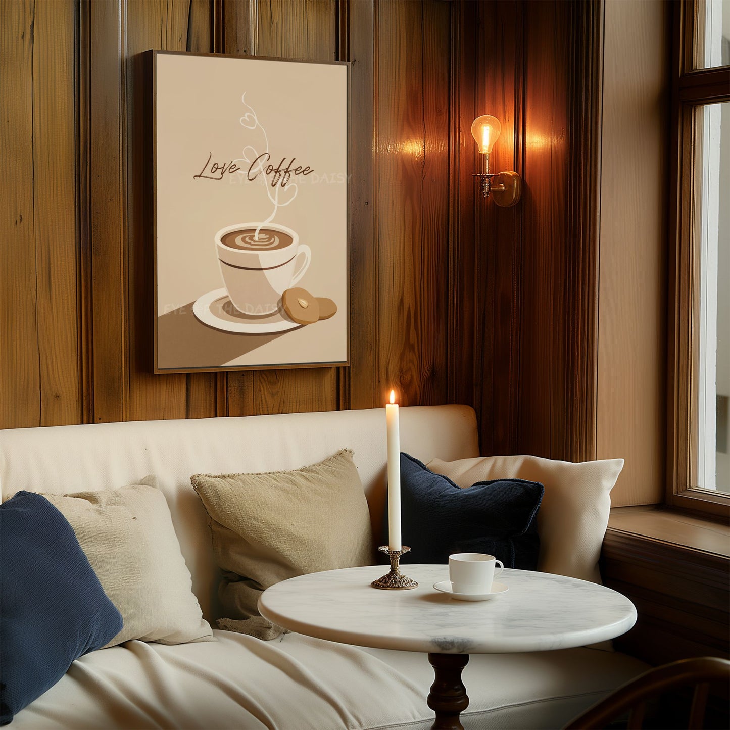 "Love Coffee" phrase coffee cup and cookies print in beige and brown colours, for reading nook or cozy corner wall decor