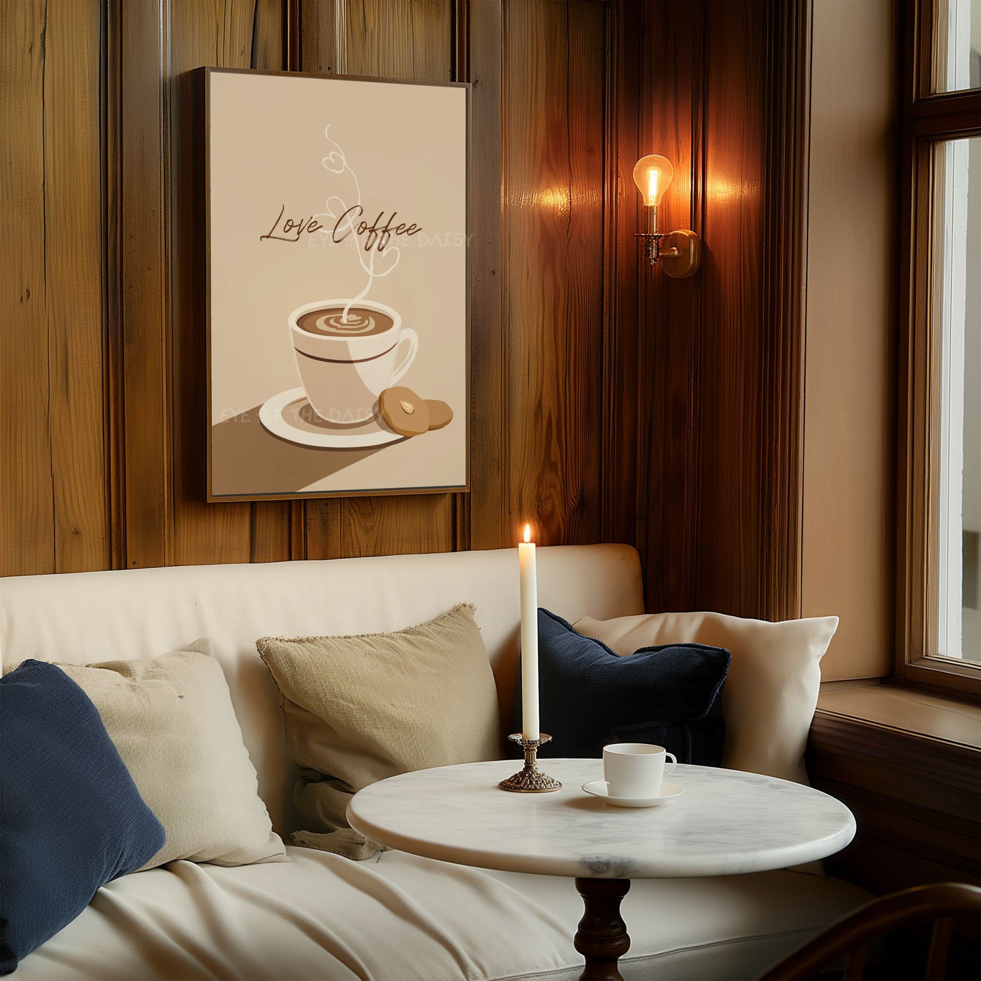 "Love Coffee" phrase coffee cup and cookies print in beige and brown colours, for reading nook or cozy corner wall decor