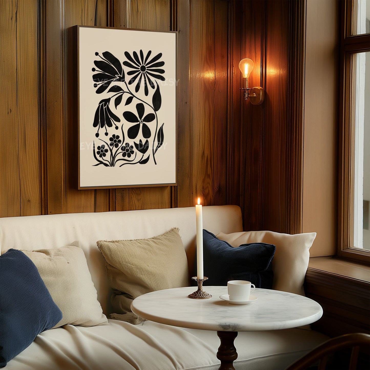 Neutral triptych wall art set of 3 – abstract floral black cut-outs on beige, printable decor perfect for a stylish summer holiday rental