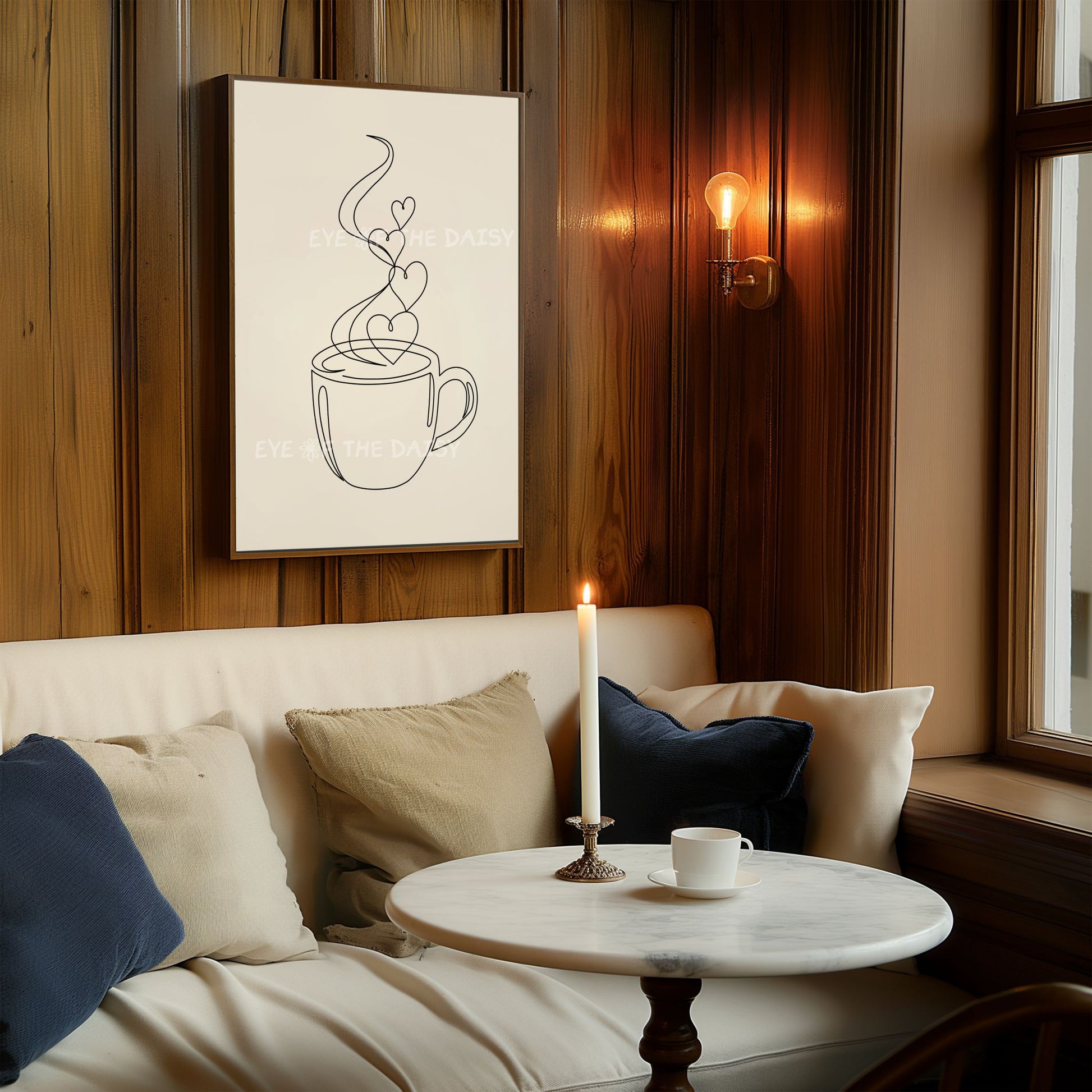 Black white line coffee cup digital art print – modern minimalist illustration with steam hearts, perfect coffee wall decor for a coffee station