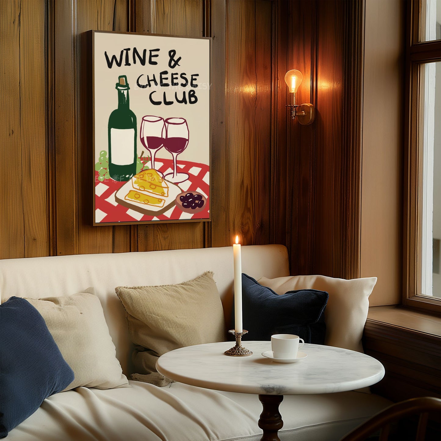 Wine & Cheese Club kitchen print – poster download, fun food sketch perfect for stylish vacation rental decor and cozy corners